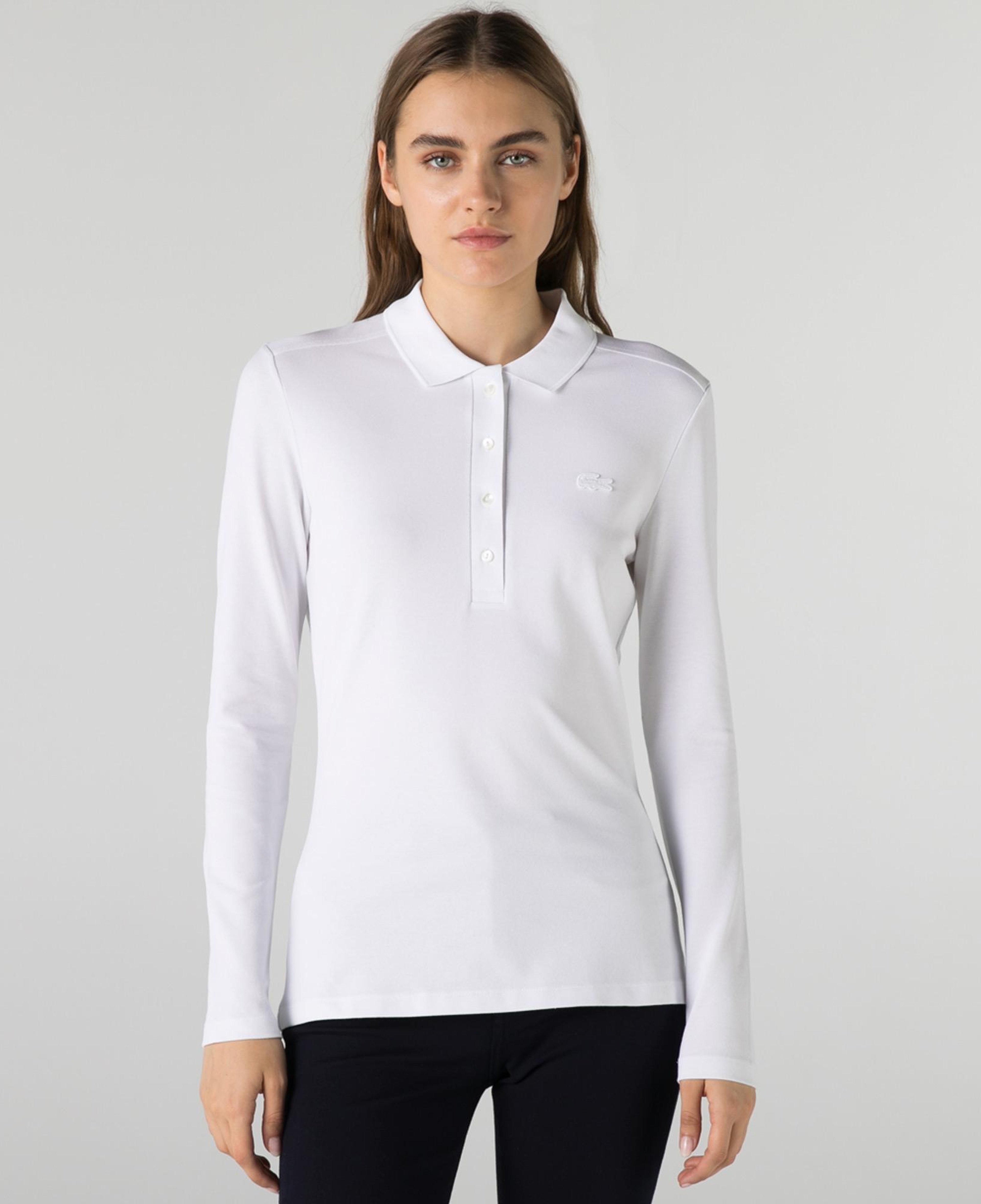 Kadın Slim Fit Uzun Kollu Beyaz Polo