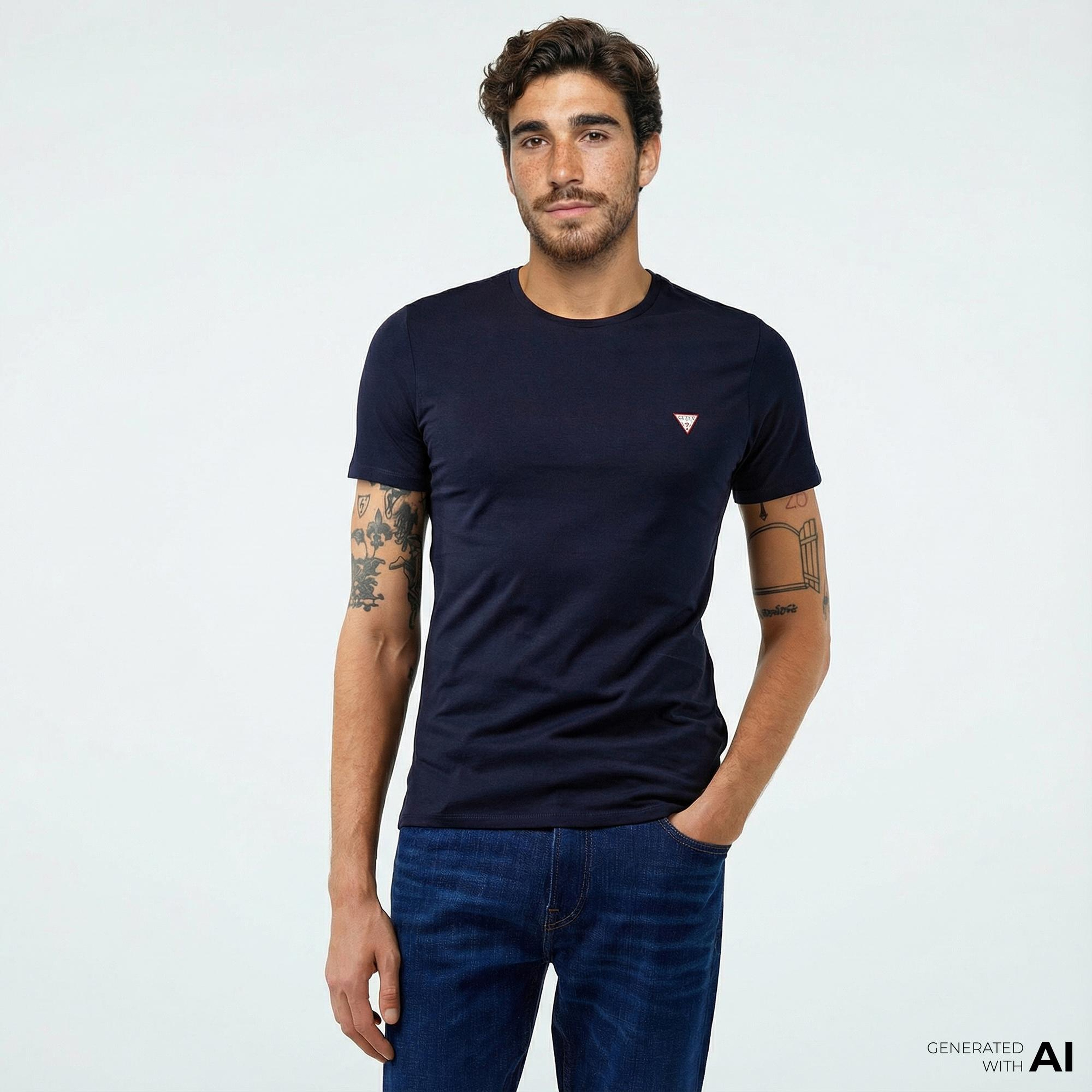 Guess Mid Organic Stream Jersey Erkek Lacivert T-Shirt