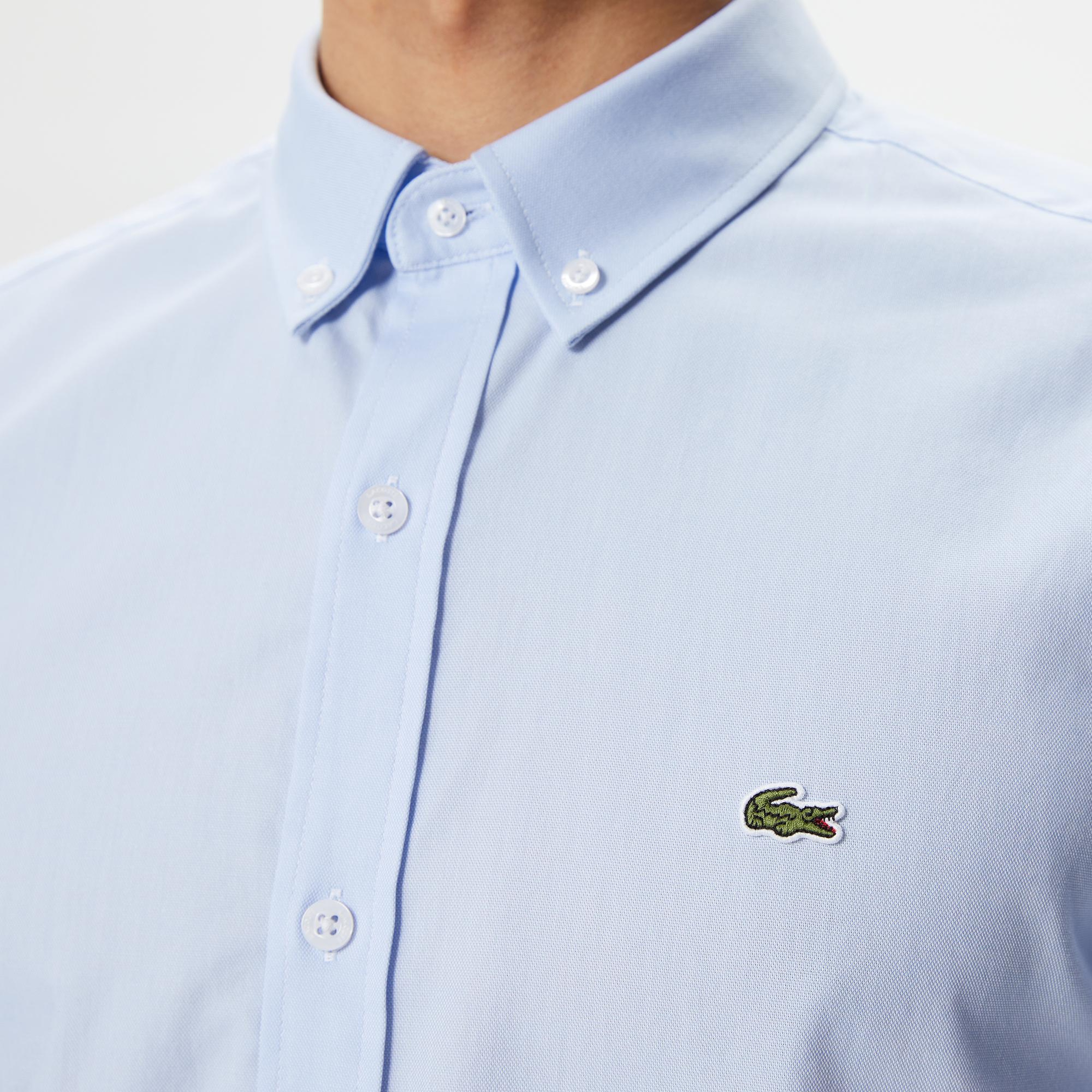 Erkek Slim Fit Düğmeli Yaka Açık Mavi Gömlek