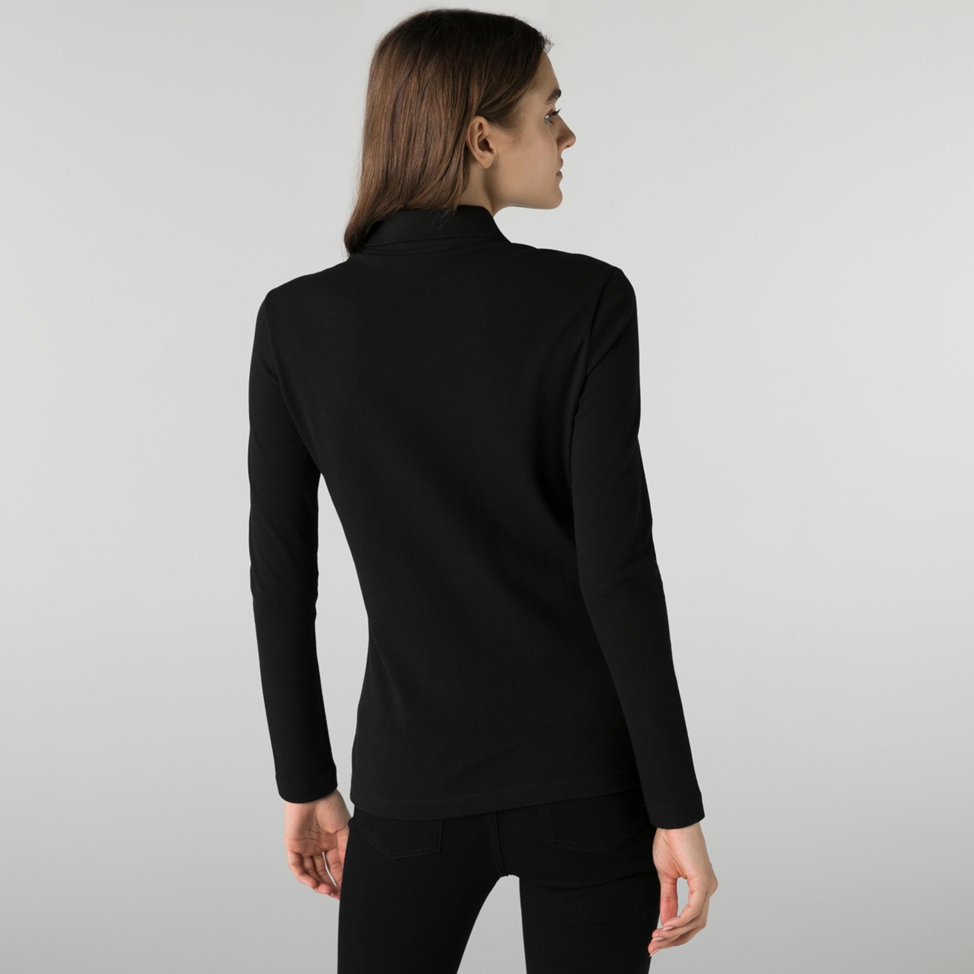 Kadın Slim Fit Uzun Kollu Siyah Polo