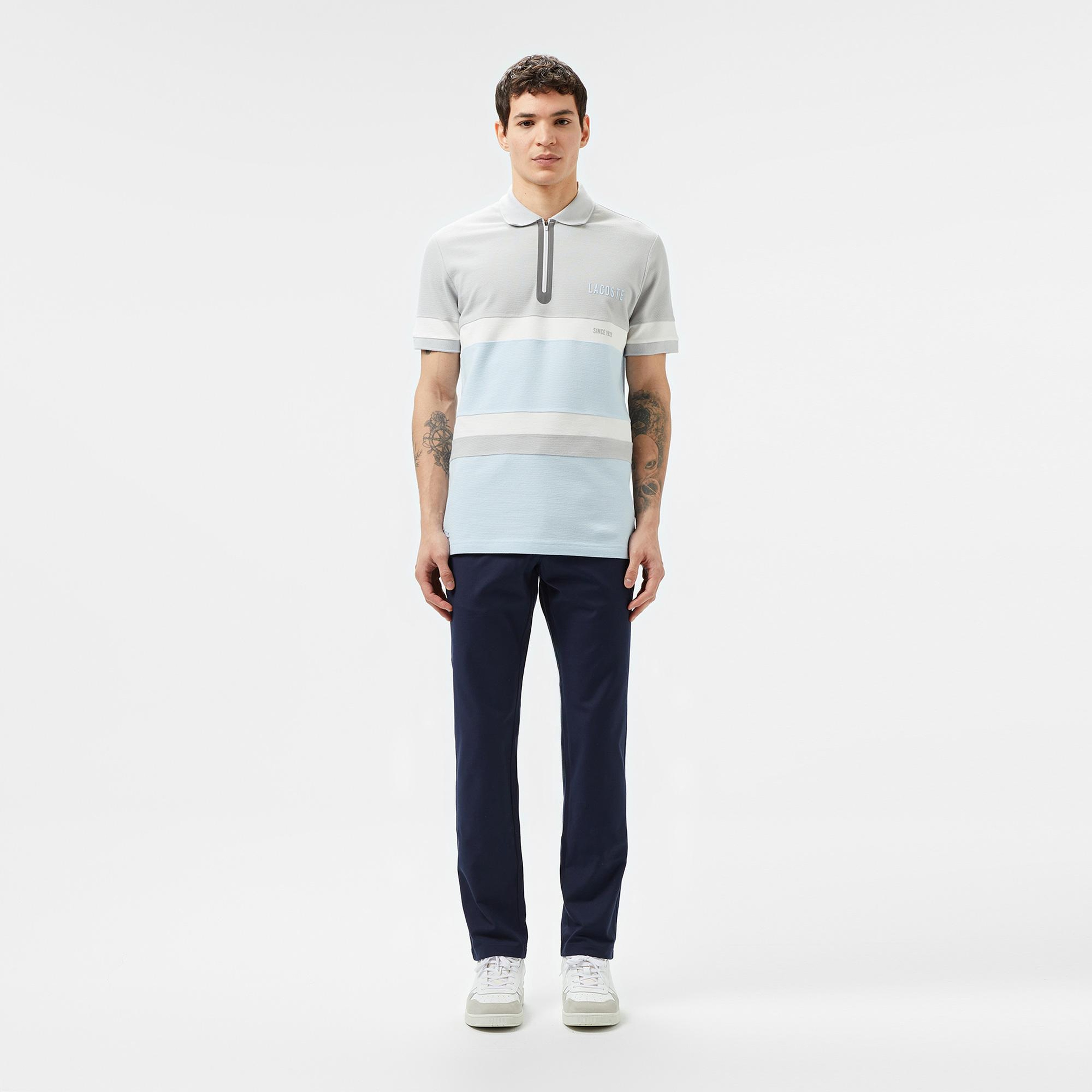 Erkek Regular Fit Yarım Fermuarlı Renk Bloklu Açık Mavi Polo