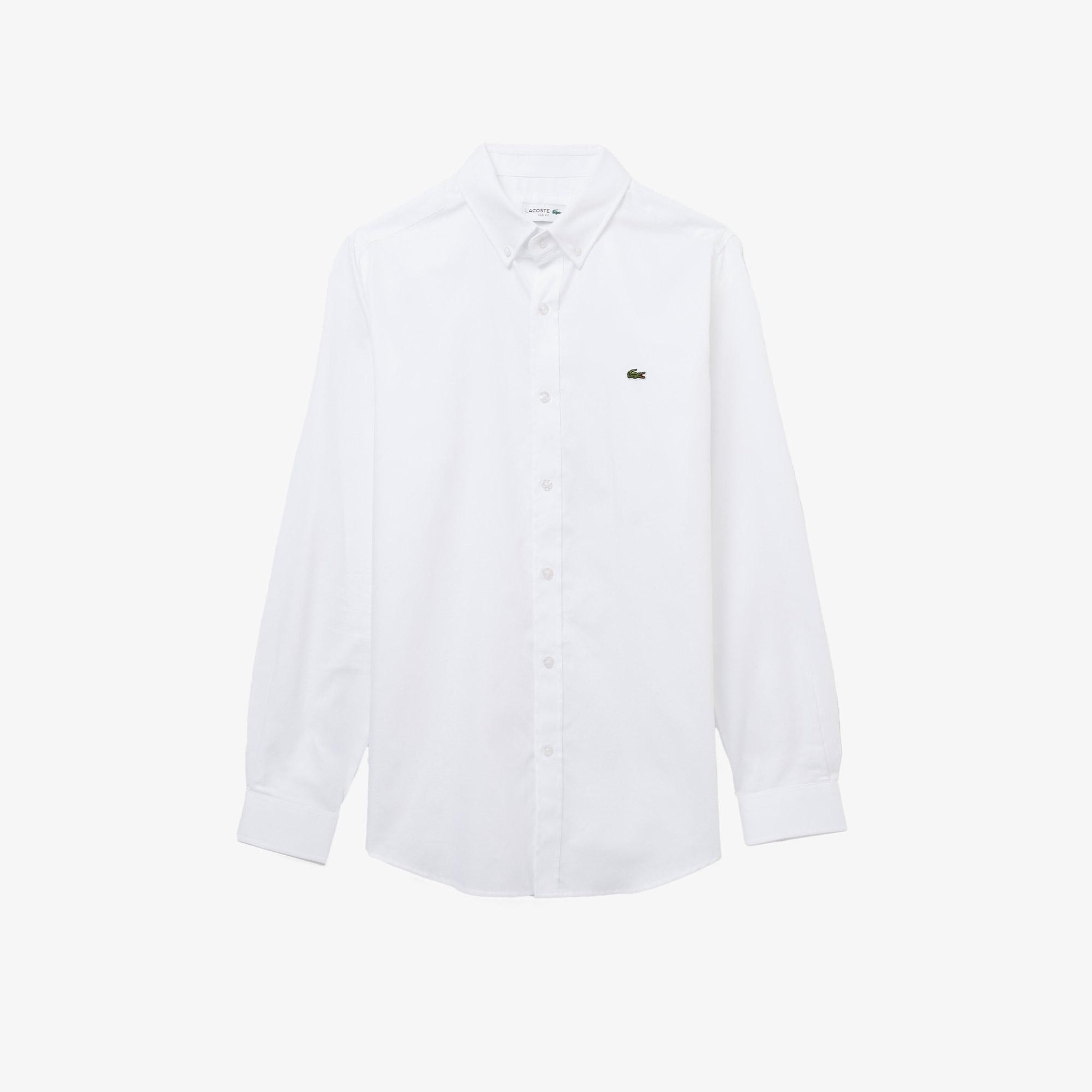 Erkek Slim Fit Düğmeli Yaka Beyaz Gömlek