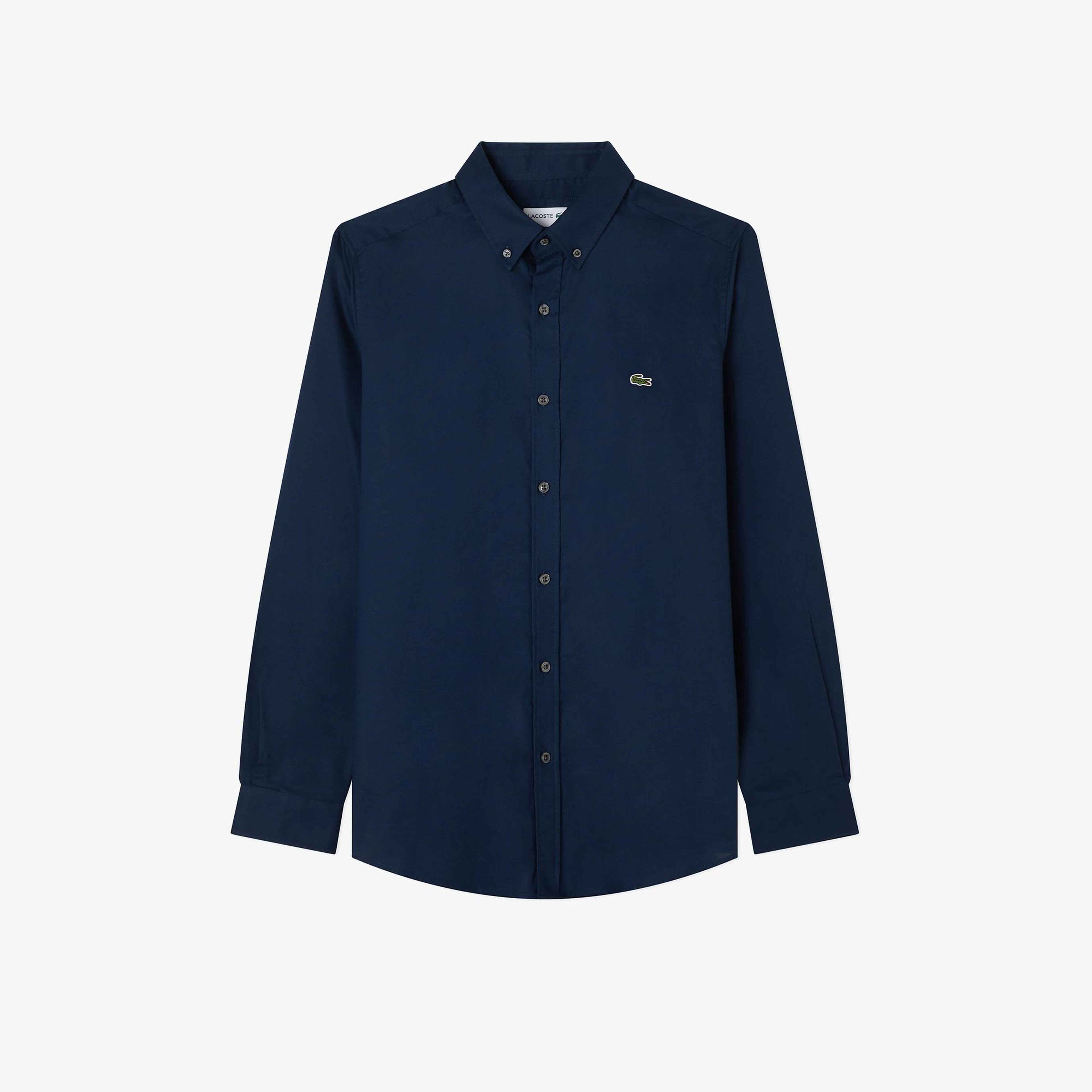 Erkek Slim Fit Düğmeli Yaka Lacivert Gömlek