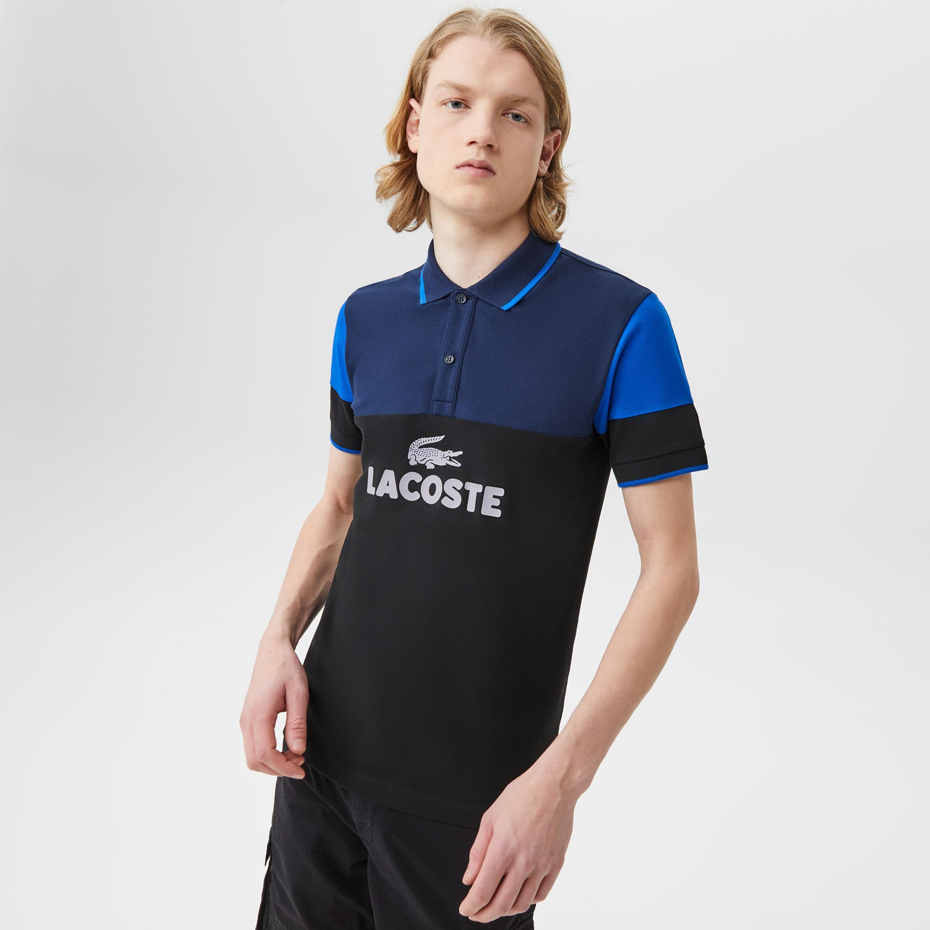 Erkek Slim Fit Renk Bloklu Siyah Polo