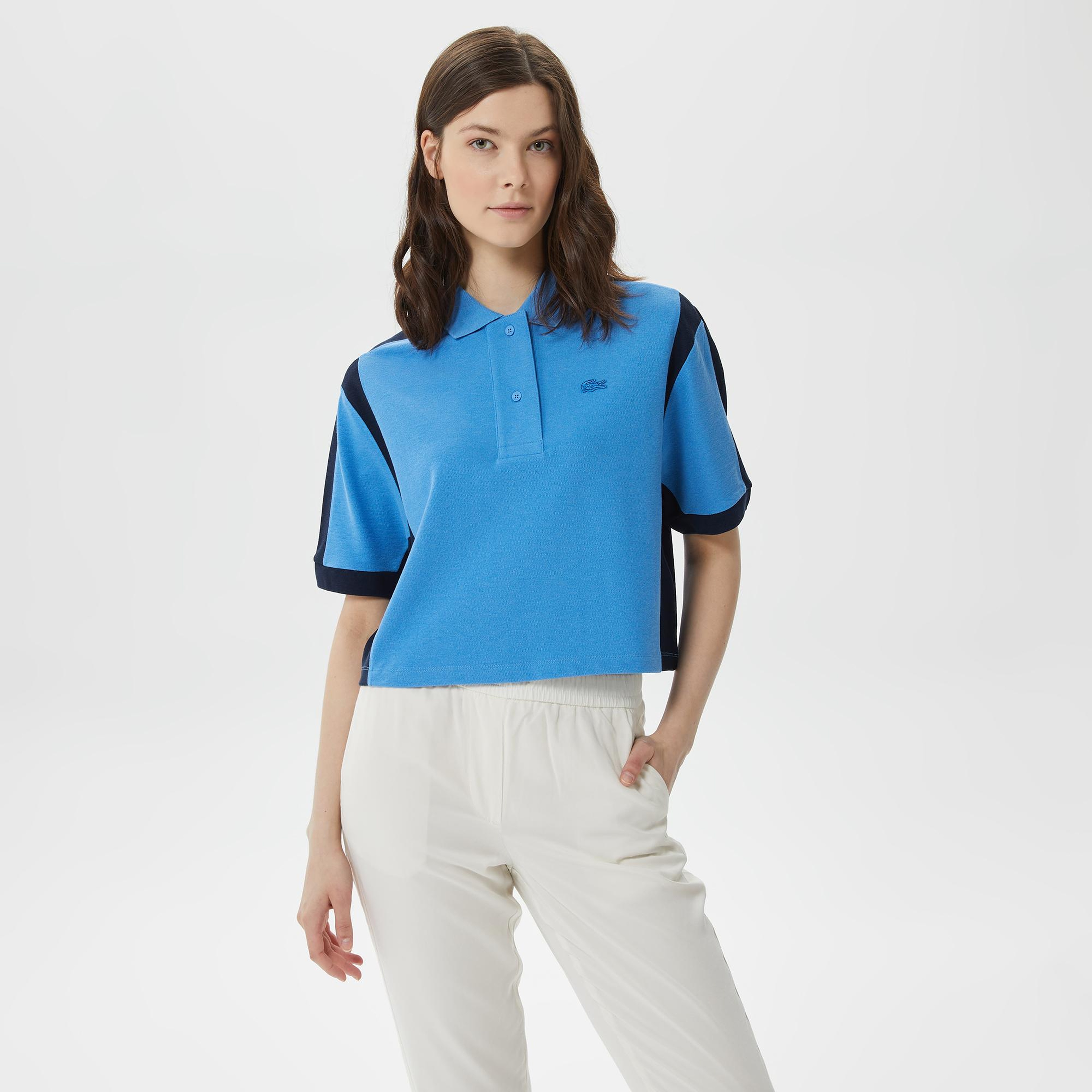 Kadın Loose Fit Renk Bloklu Mavi Polo