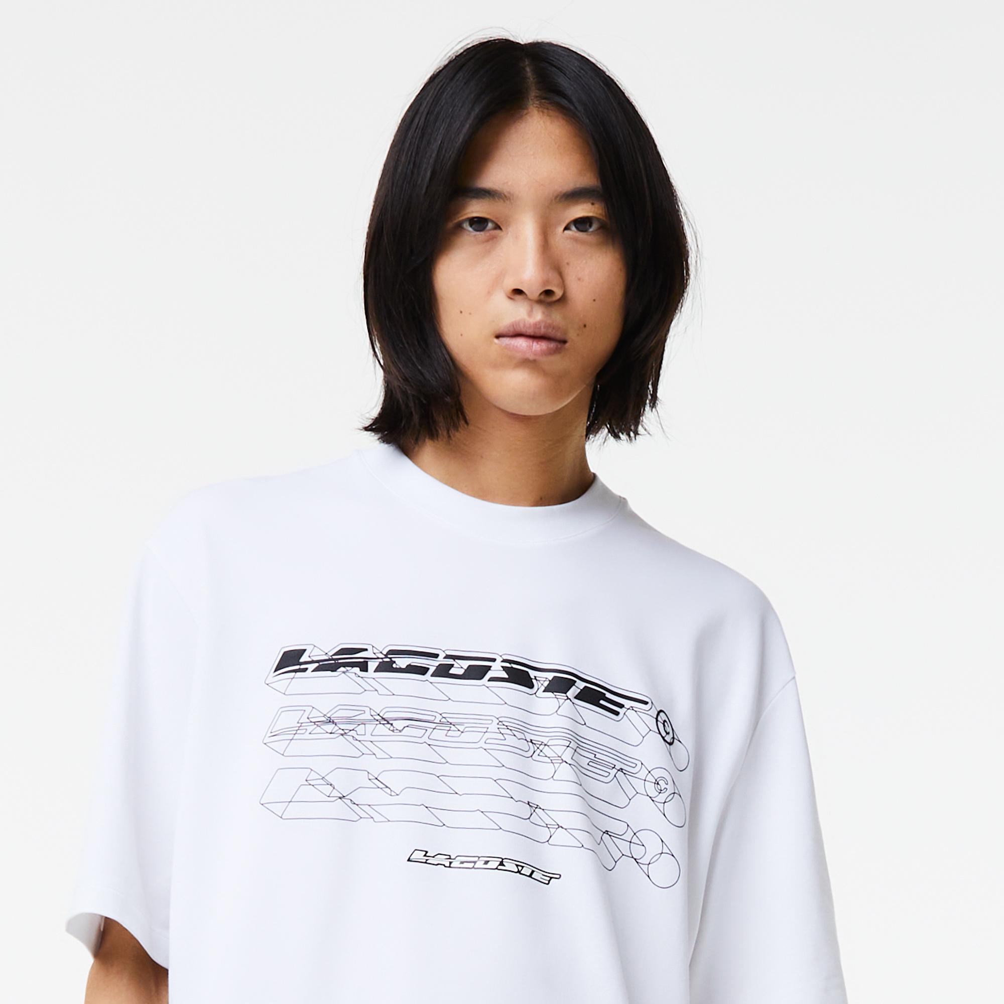Erkek Loose Fit Bisiklet Yaka Baskılı Beyaz T-Shirt