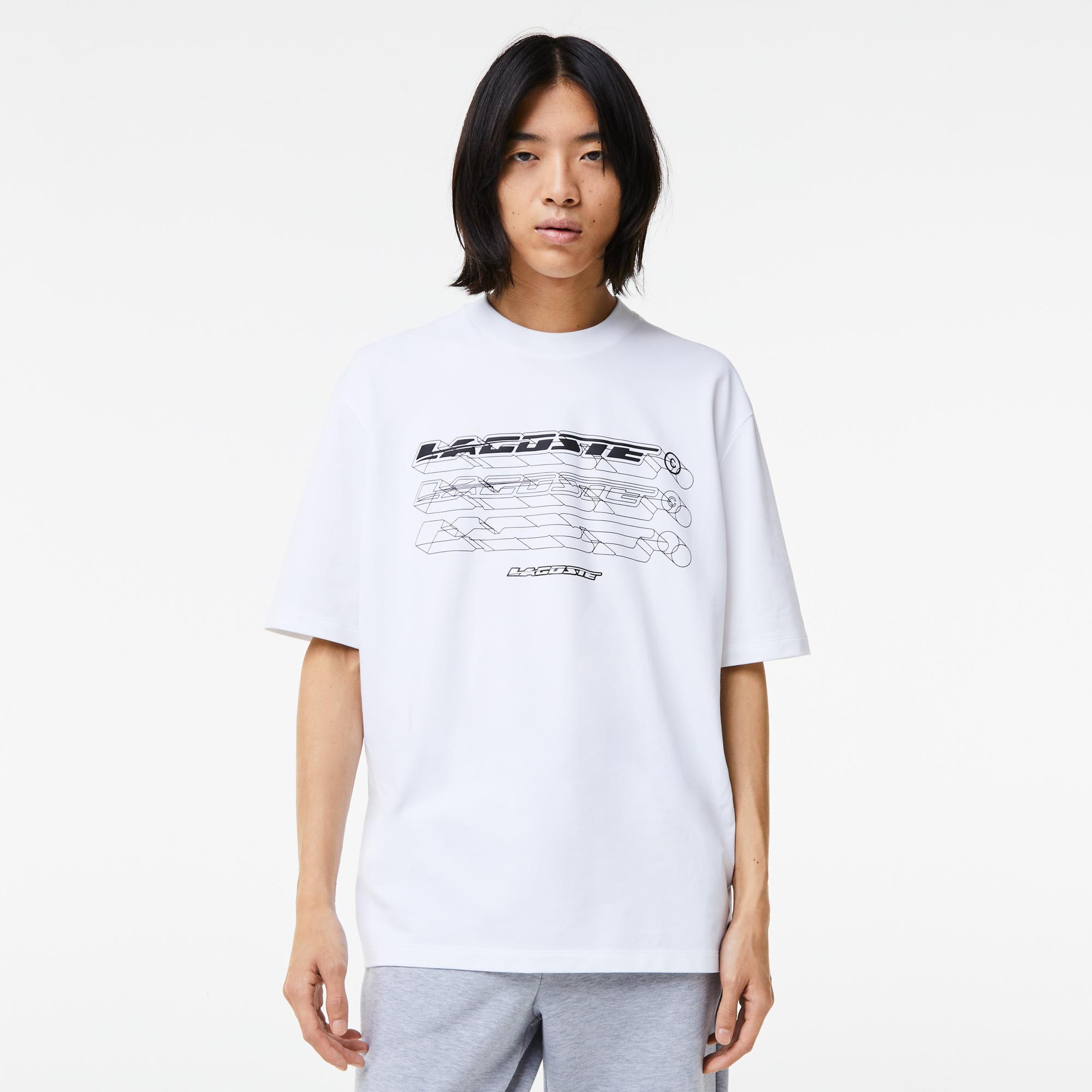 Erkek Loose Fit Bisiklet Yaka Baskılı Beyaz T-Shirt