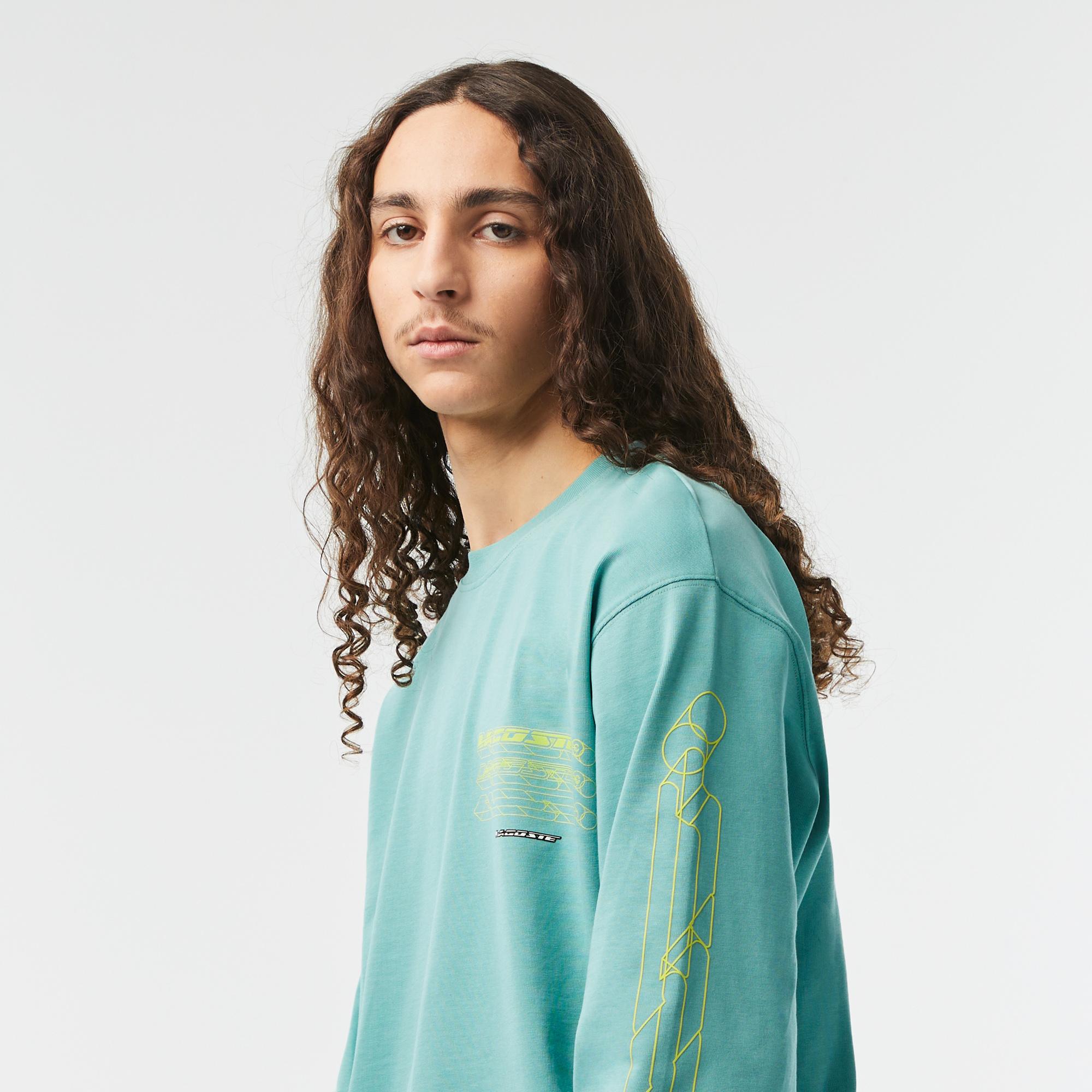 Erkek Loose Fit Uzun Kollu Bisiklet Yaka Yeşil T-Shirt