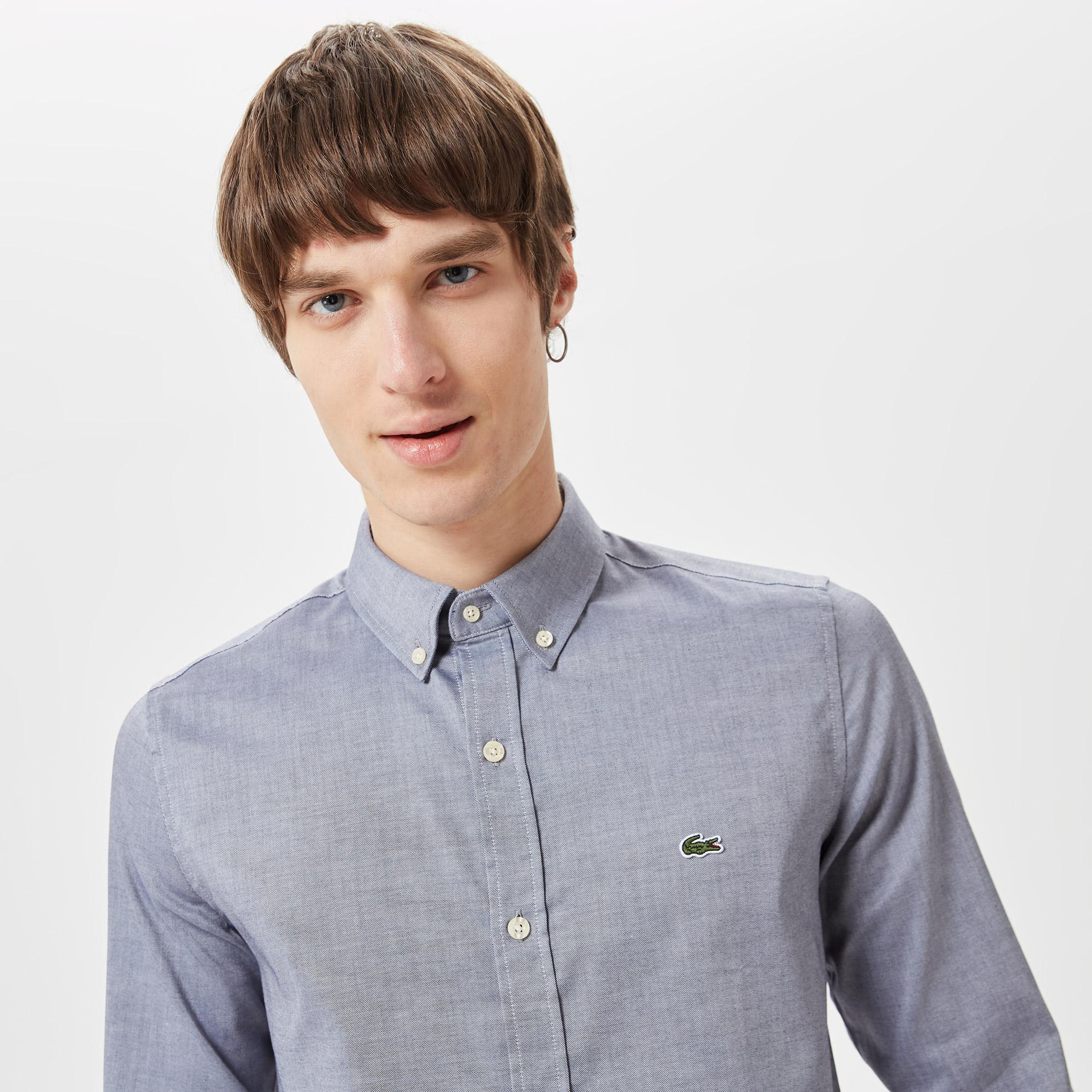 Erkek Slim Fit Düğmeli Yaka Lacivert Gömlek