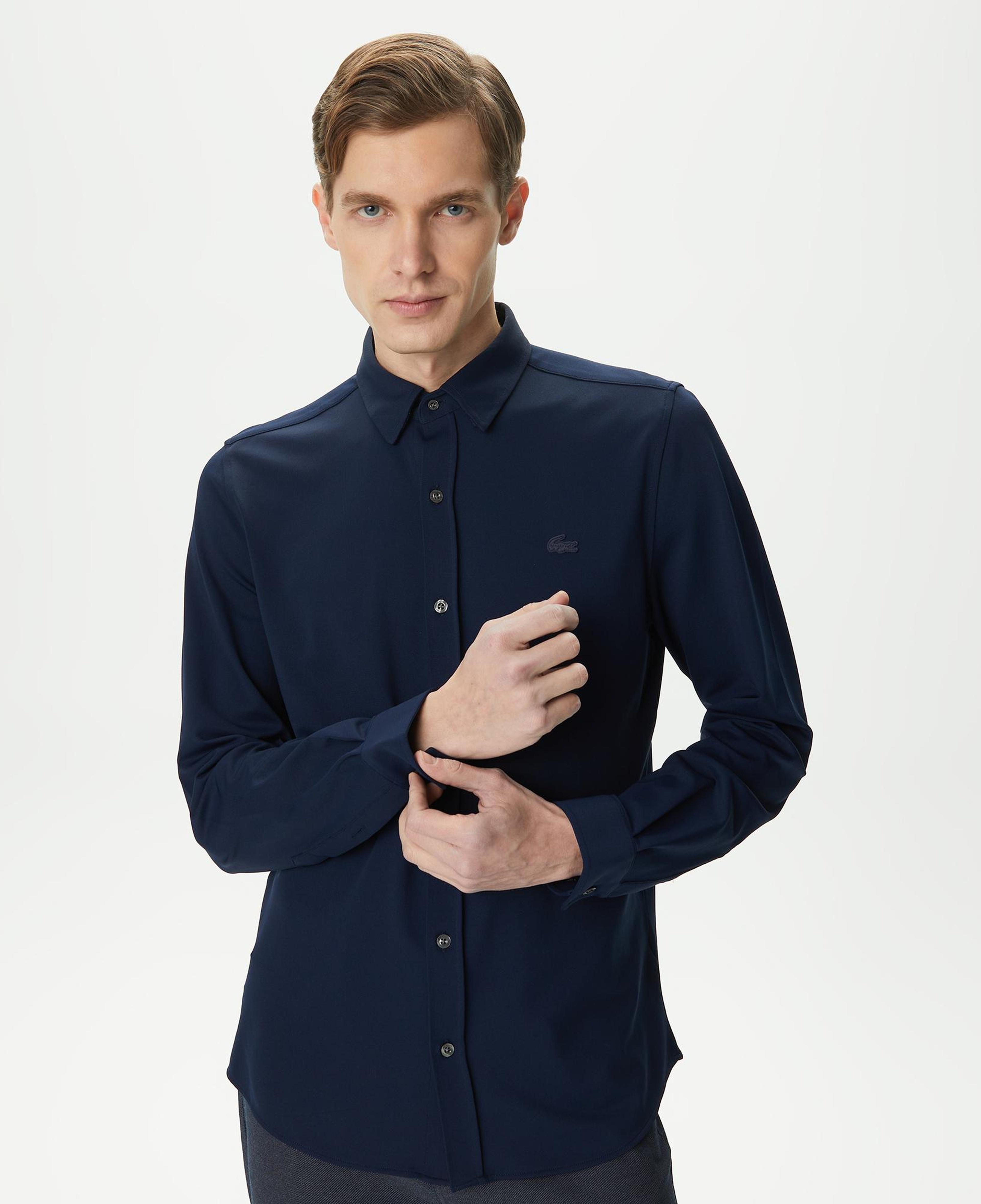 Erkek Slim Fit Düğmeli Yaka Lacivert Gömlek