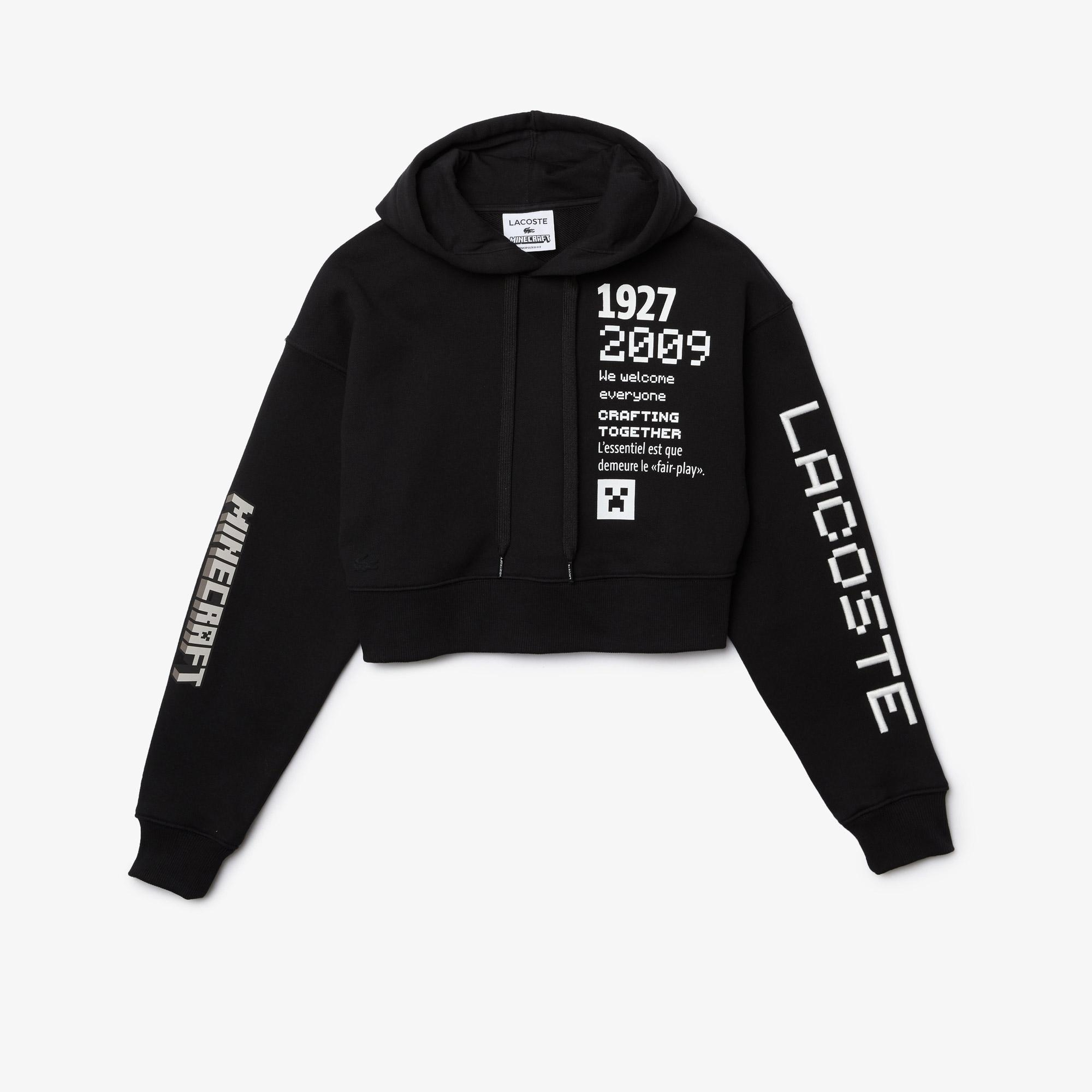 Lacoste X Minecraft Kadın Relaxed Fit Kapüşonlu Baskılı Siyah Sweatshirt