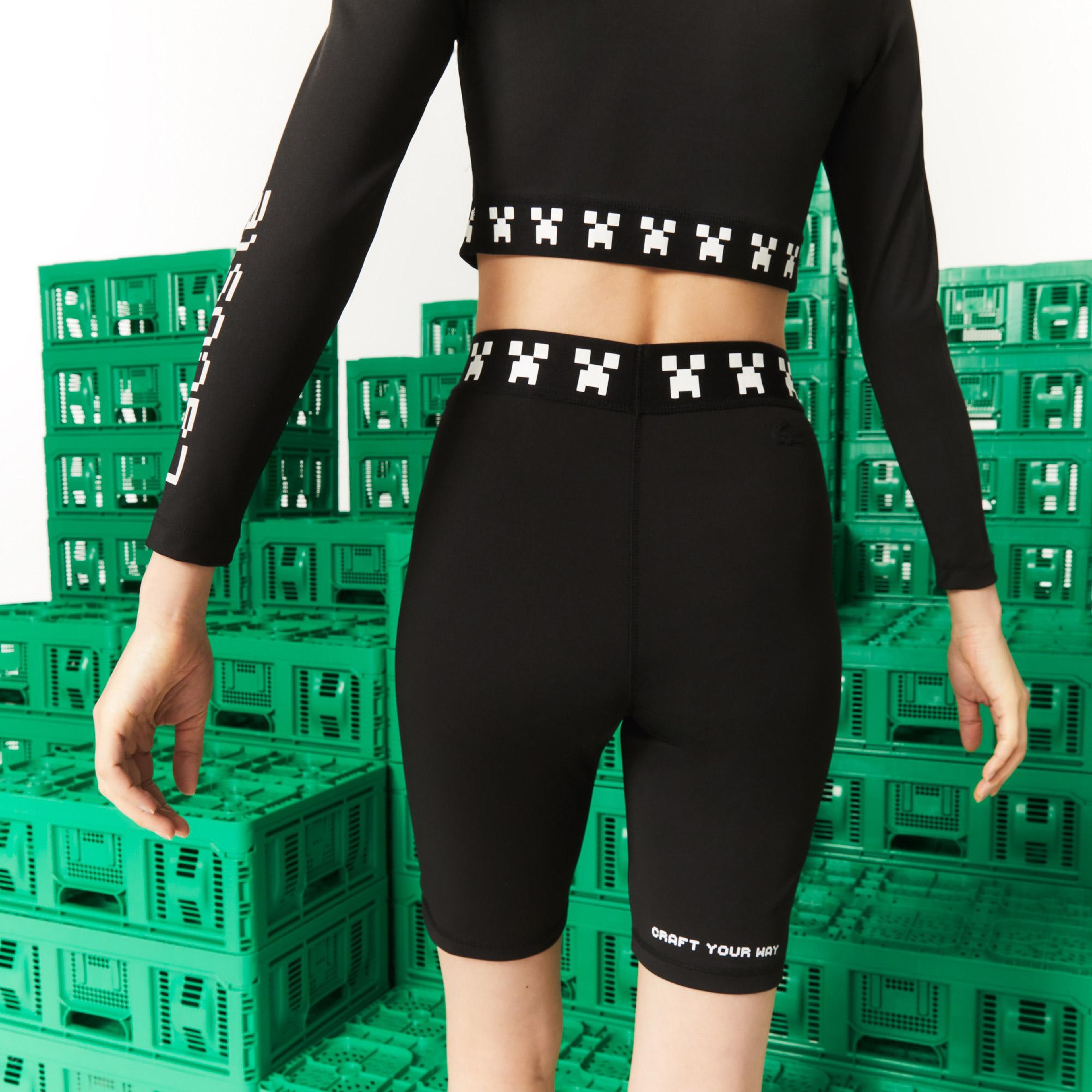 Lacoste X Minecraft Kadın Slim Fit Baskılı Siyah Şort