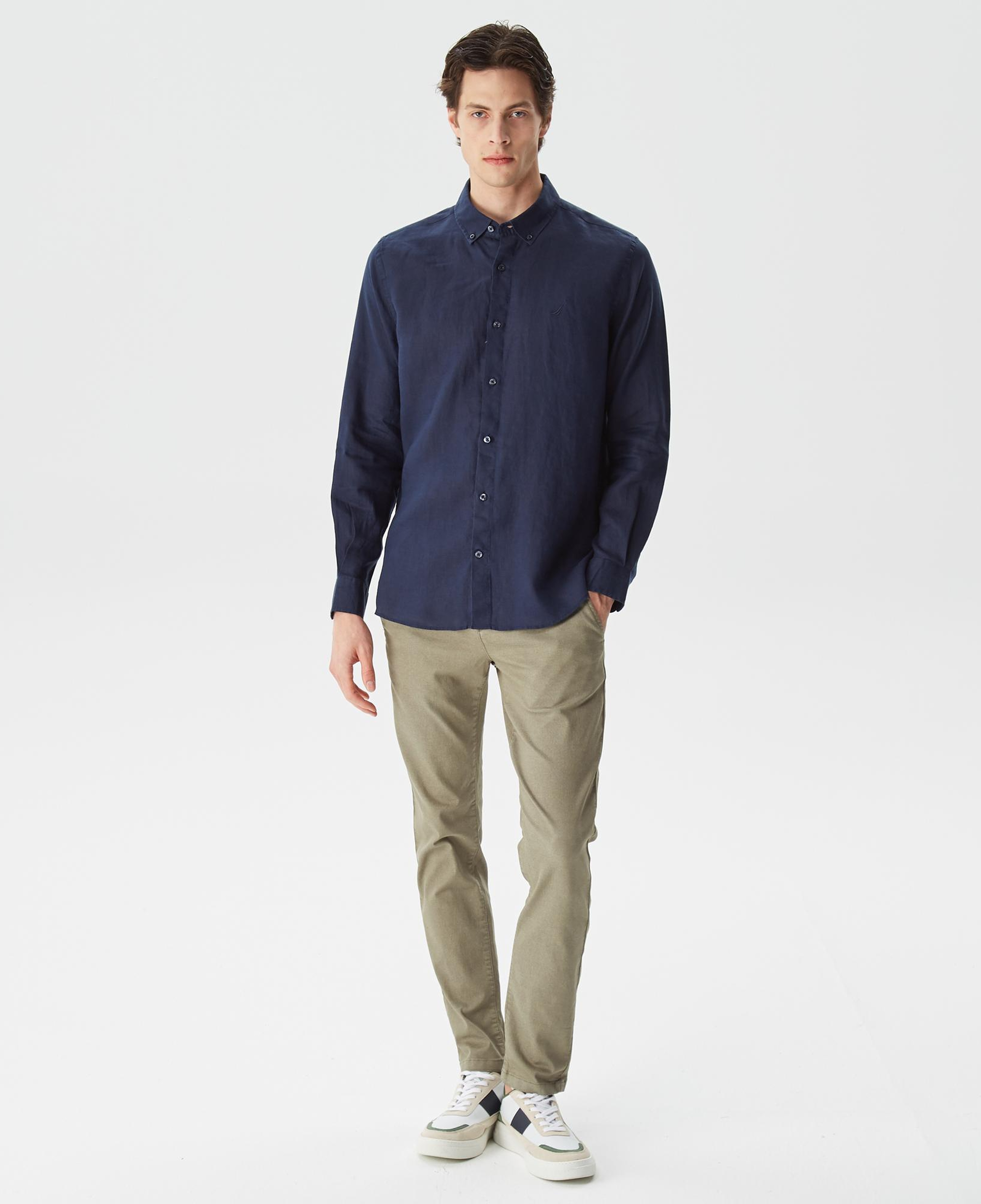Nautica Erkek Lacivert Classic Fit Uzun Kollu Keten Gömlek