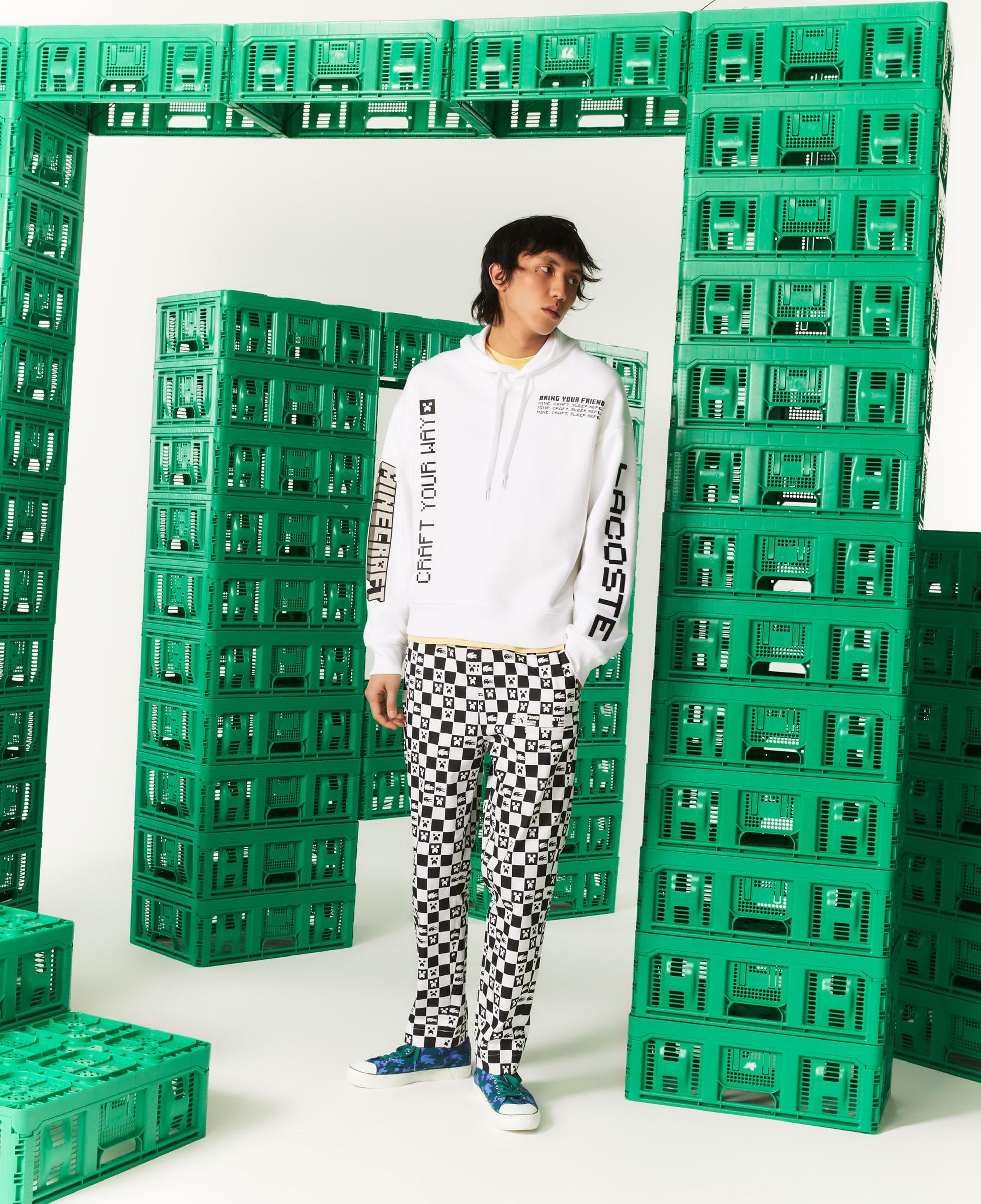 Lacoste X Minecraft Erkek Relaxed Fit Kapüşonlu Baskılı Beyaz Sweatshirt
