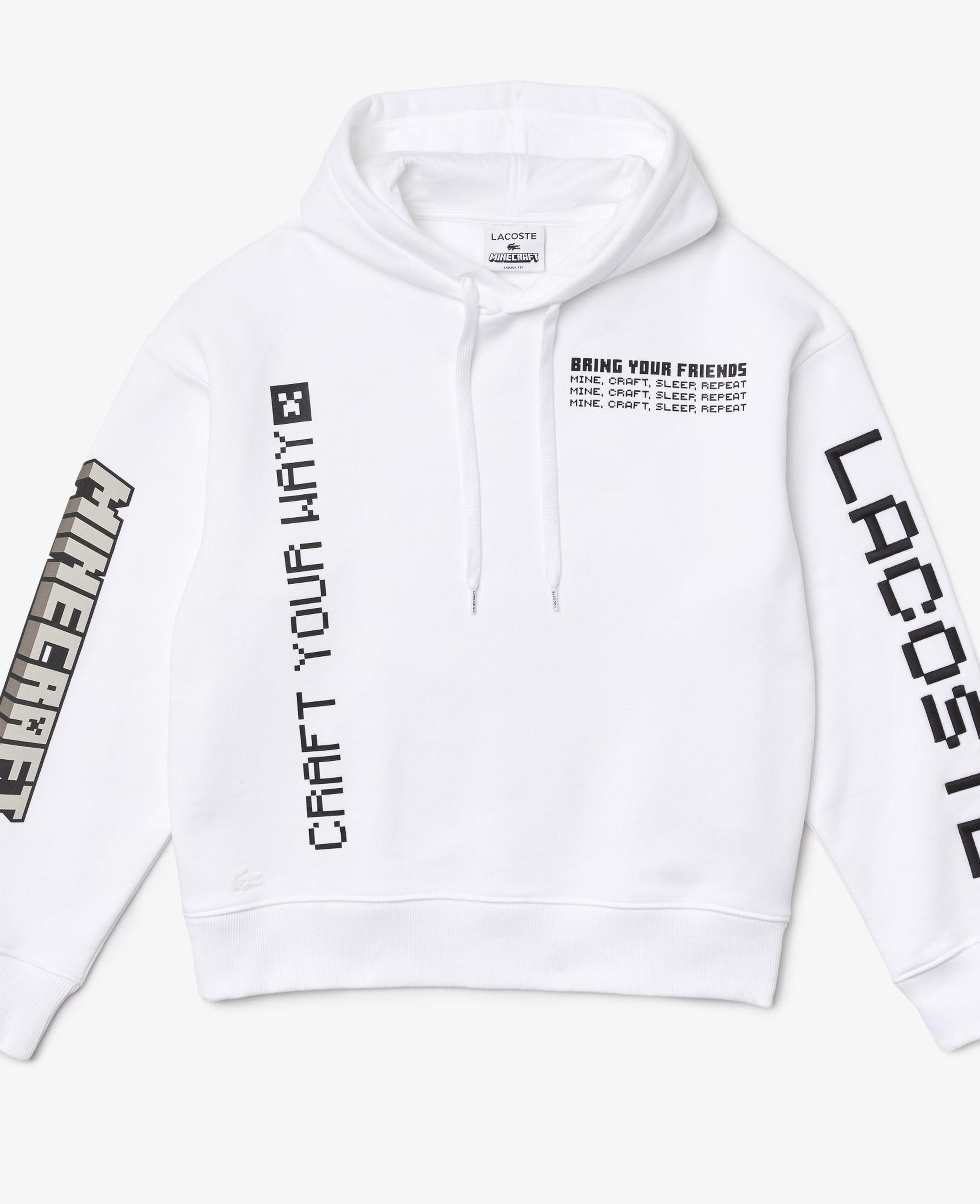 Lacoste X Minecraft Erkek Relaxed Fit Kapüşonlu Baskılı Beyaz Sweatshirt