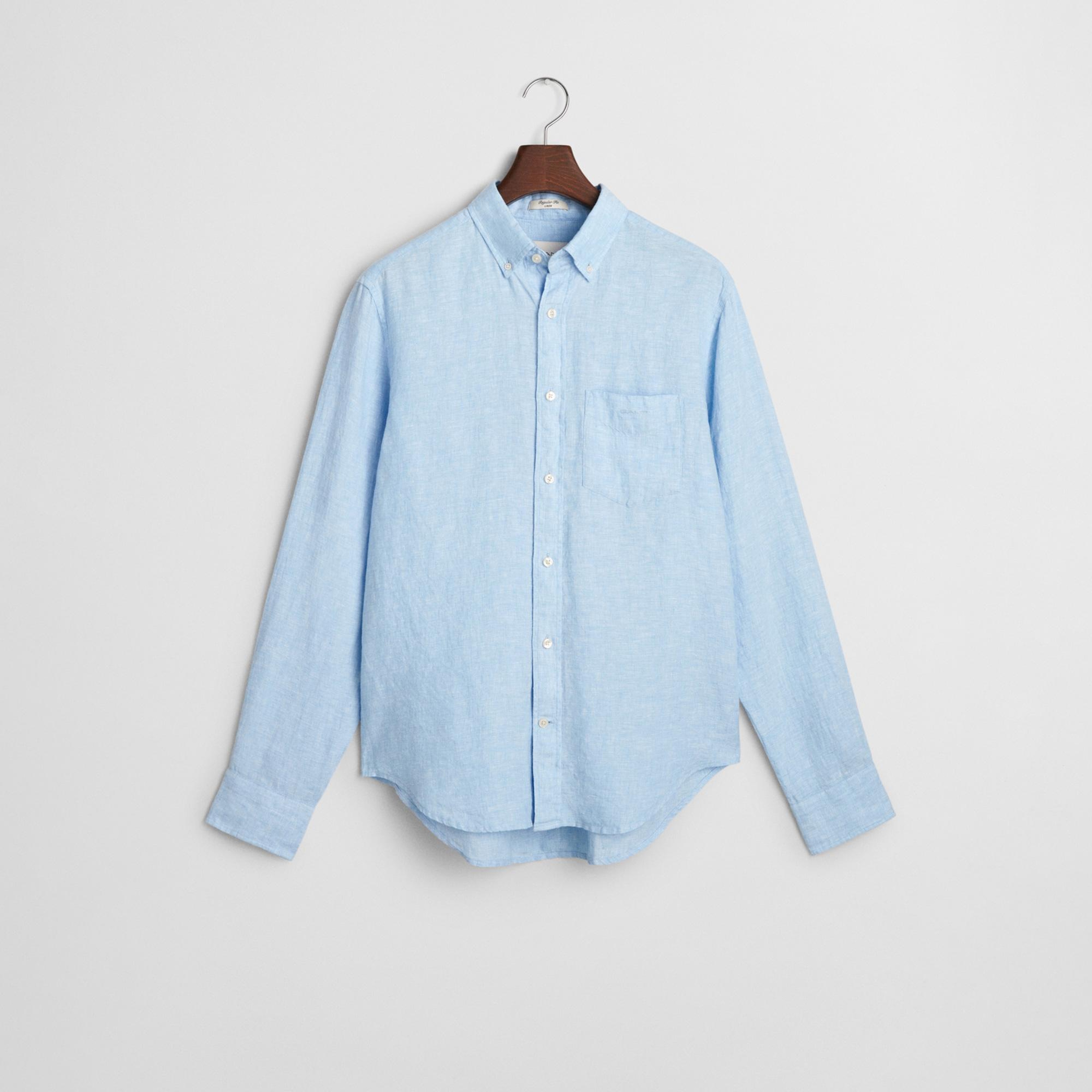 GANT Erkek Mavi Regular Fit Düğmeli Yaka Keten Gömlek