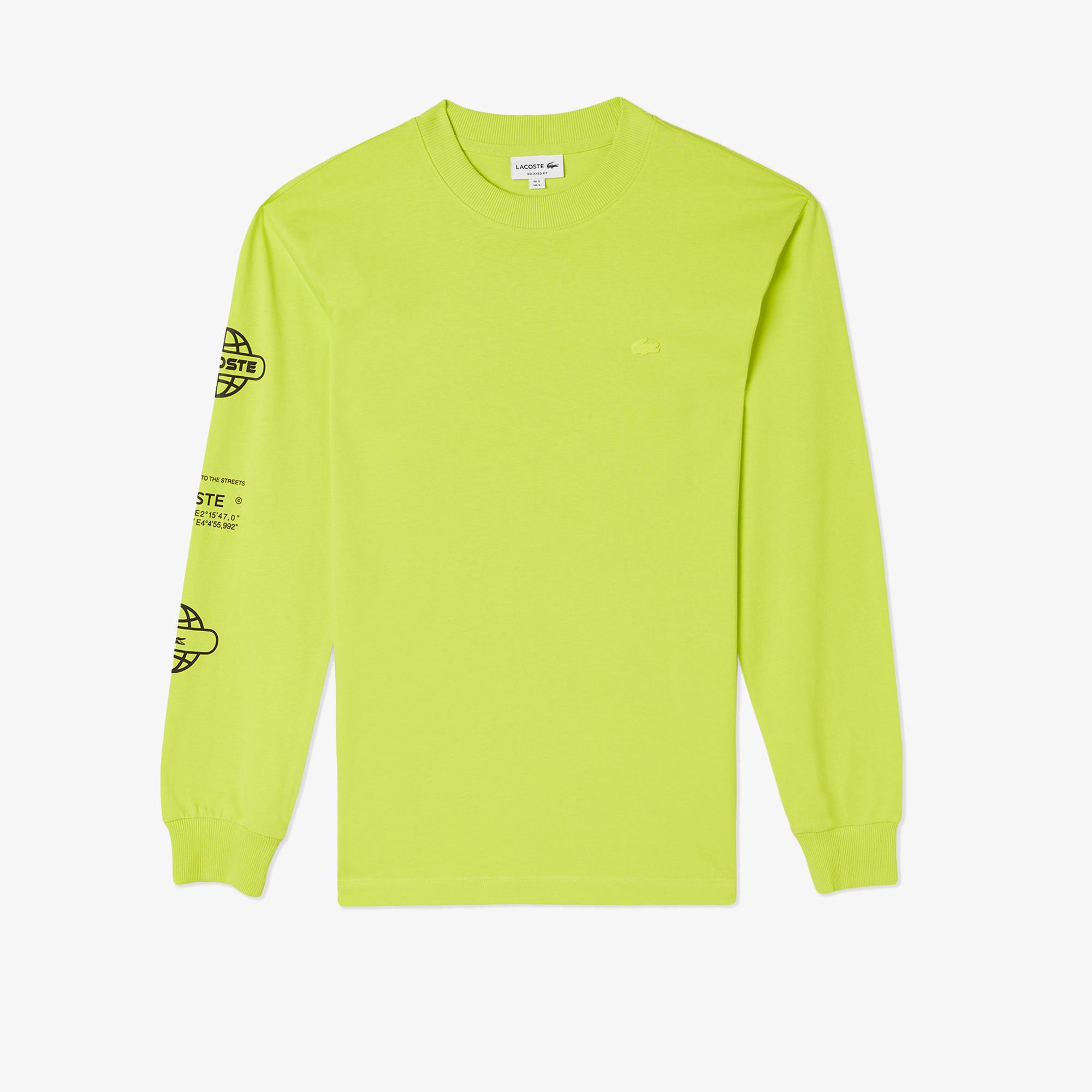 Erkek Relaxed Fit Uzun Kollu Bisiklet Yaka Baskılı Sarı T-Shirt