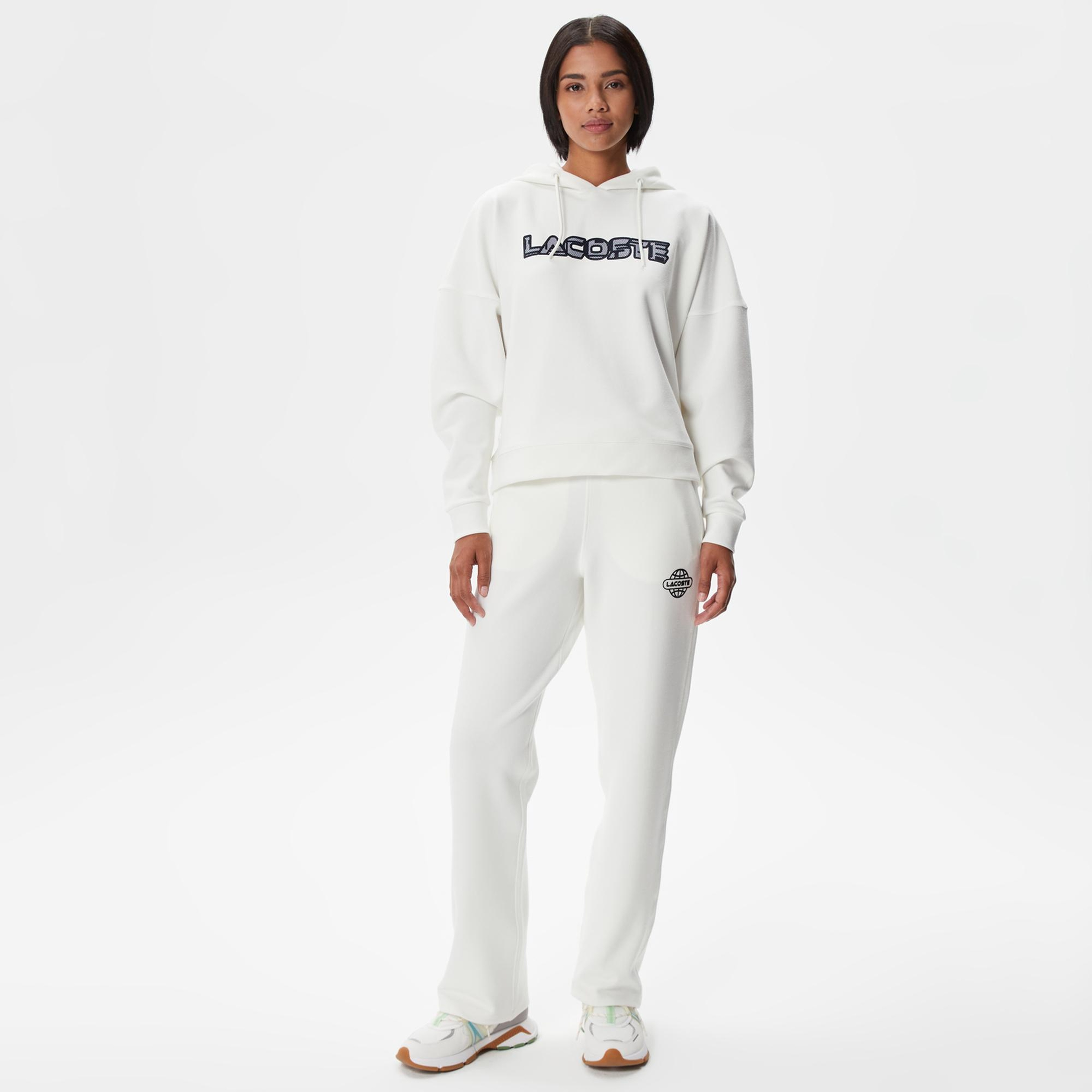 Lacoste Kadın Crop Fit Kapüşonlu Baskılı Beyaz Sweatshirt