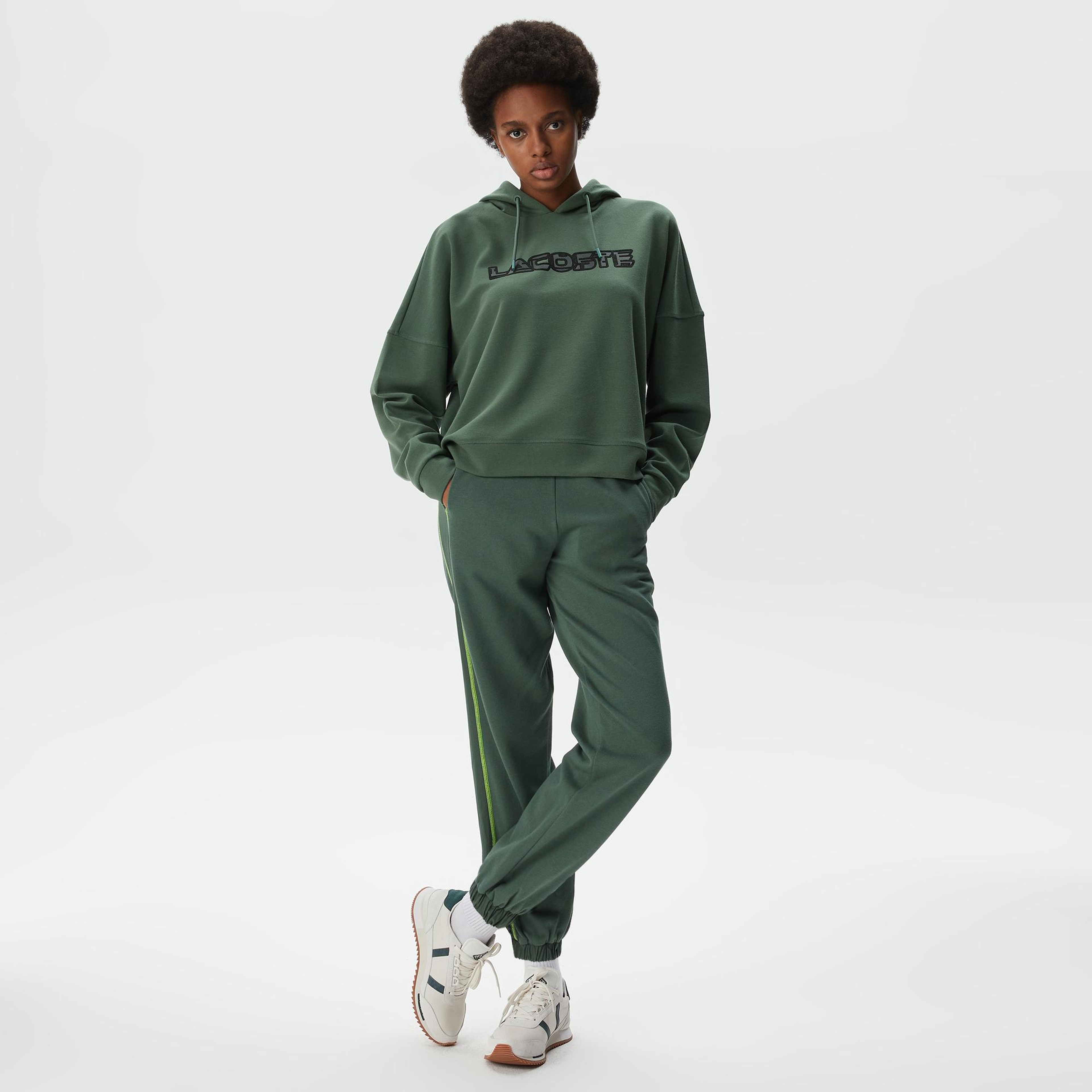 Kadın Crop Fit Kapüşonlu Baskılı Yeşil Sweatshirt