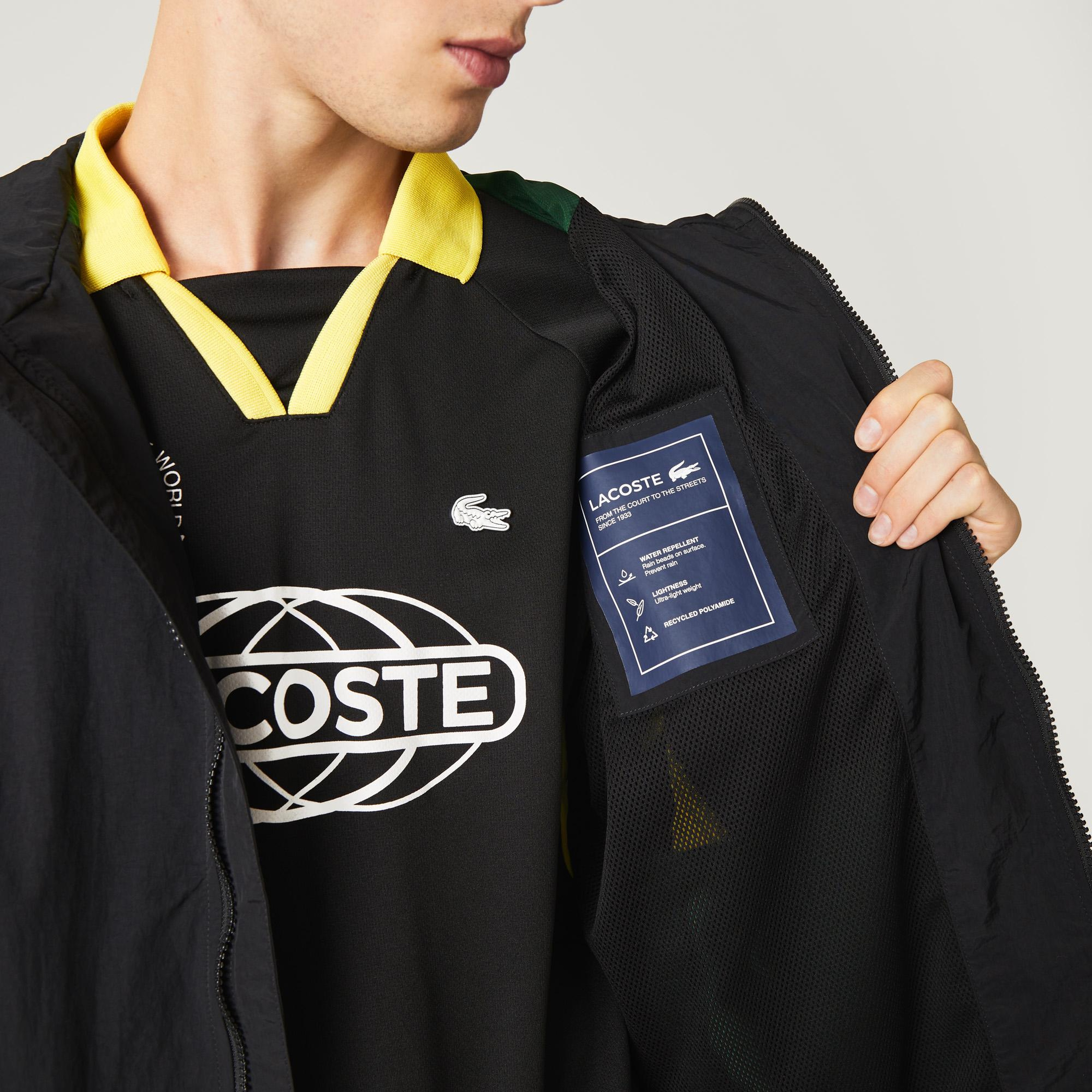 Lacoste Erkek Kapüşonlu Baskılı Renk Bloklu Siyah Yağmurluk