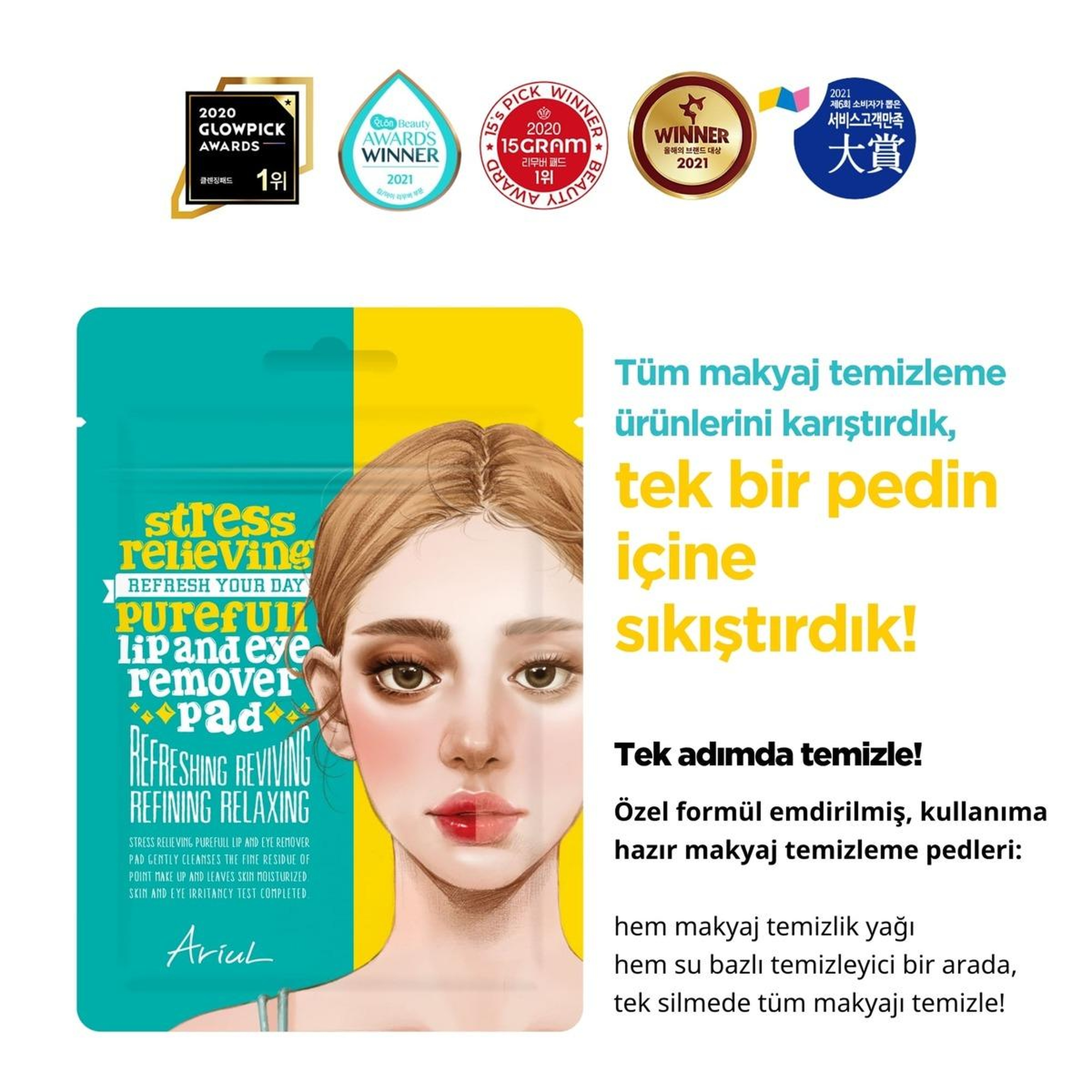 Ariul Stress Relieving Purefull Lip and Eye Remover Pad 10 Pads - Cildi Kurutmayan Dudak ve Göz Makyaj Arındırıcı Pamuk Ped