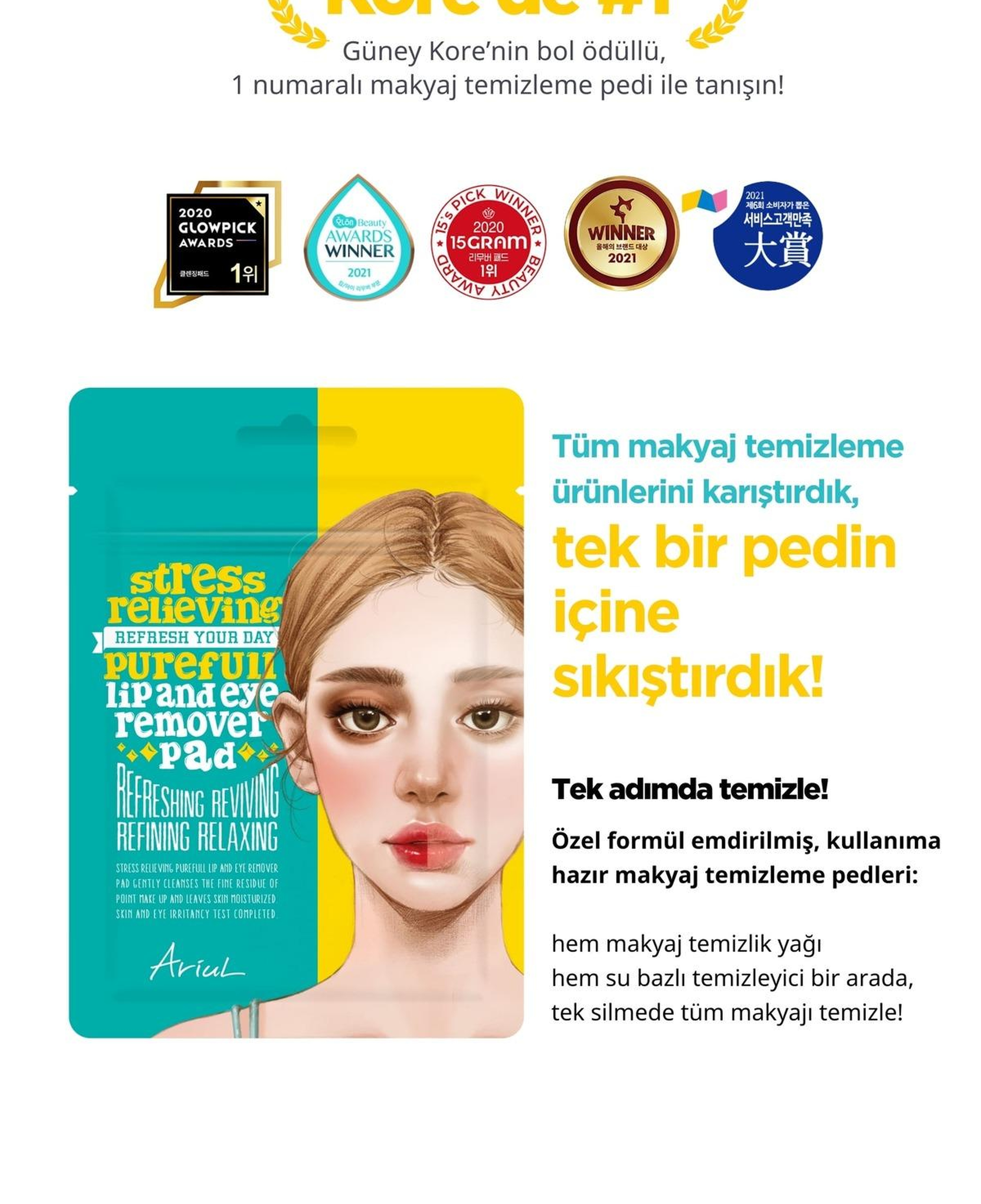 Ariul Stress Relieving Purefull Lip and Eye Remover Pad 10 Pads - Cildi Kurutmayan Dudak ve Göz Makyaj Arındırıcı Pamuk Ped