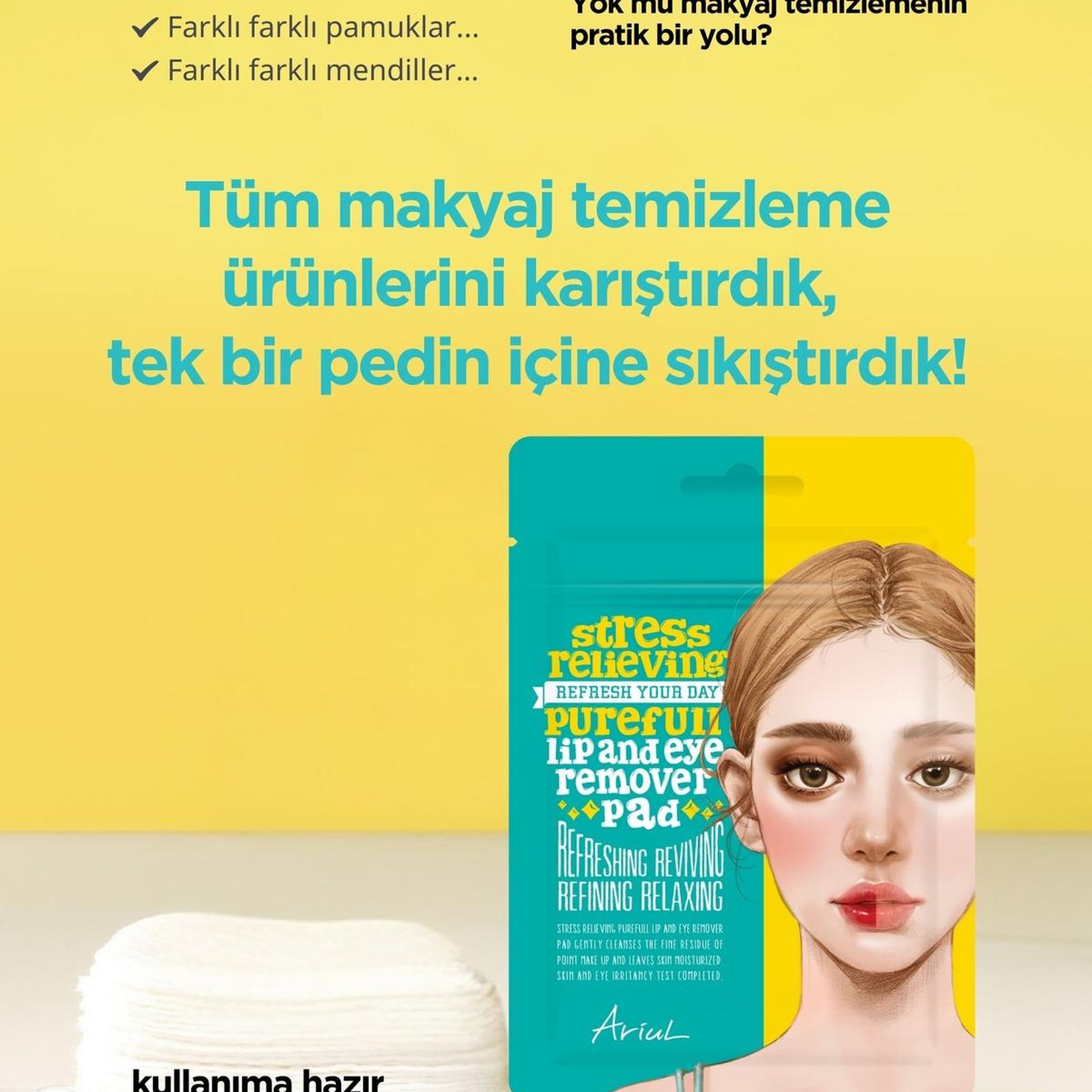 Ariul Stress Relieving Purefull Lip and Eye Remover Pad 10 Pads - Cildi Kurutmayan Dudak ve Göz Makyaj Arındırıcı Pamuk Ped