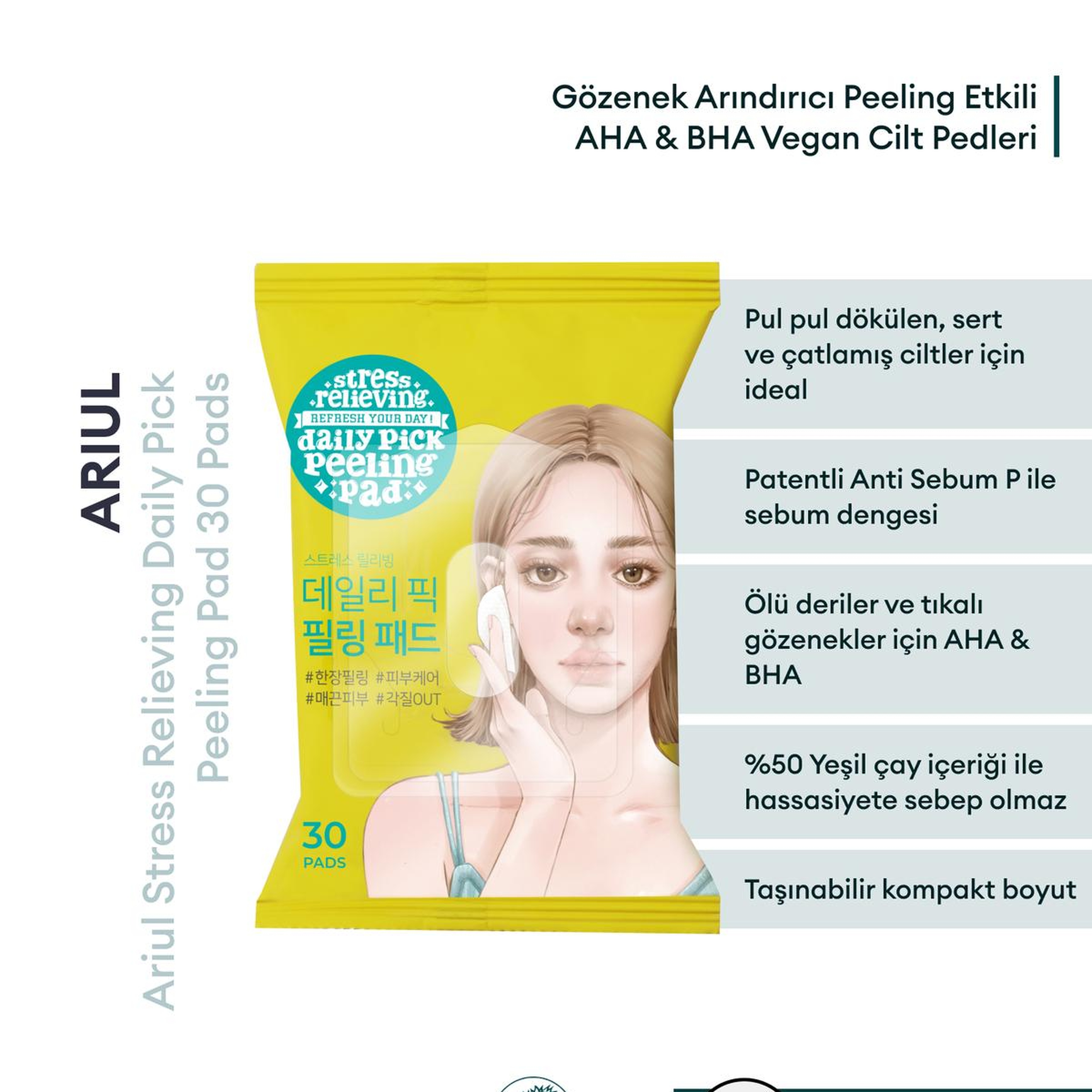 Ariul Stress Relieving Daily Pick Peeling Pad 30 Pads - Gözenek Arındırıcı Peeling Etkili AHA & BHA Vegan Cilt Pedleri