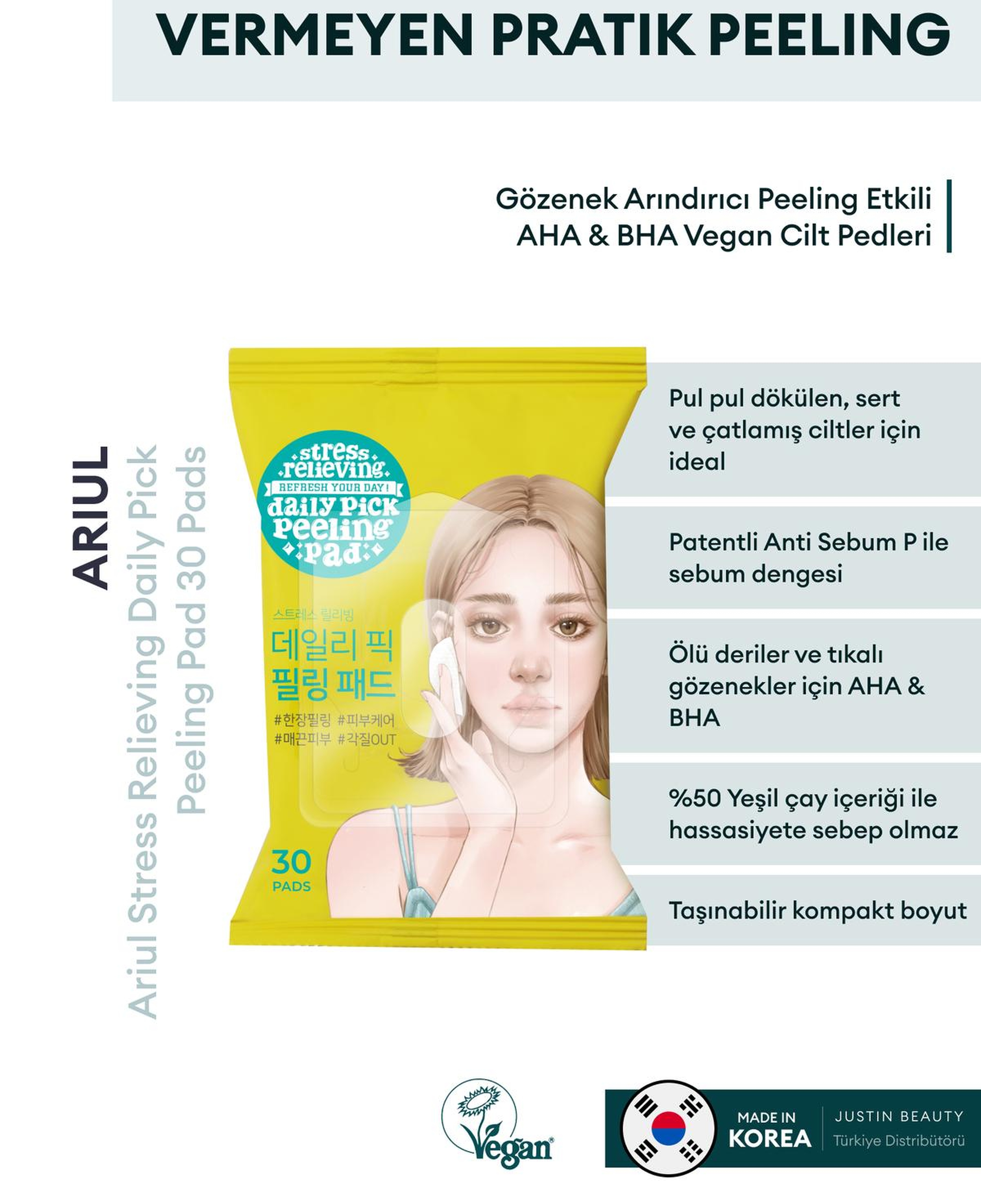 Ariul Stress Relieving Daily Pick Peeling Pad 30 Pads - Gözenek Arındırıcı Peeling Etkili AHA & BHA Vegan Cilt Pedleri
