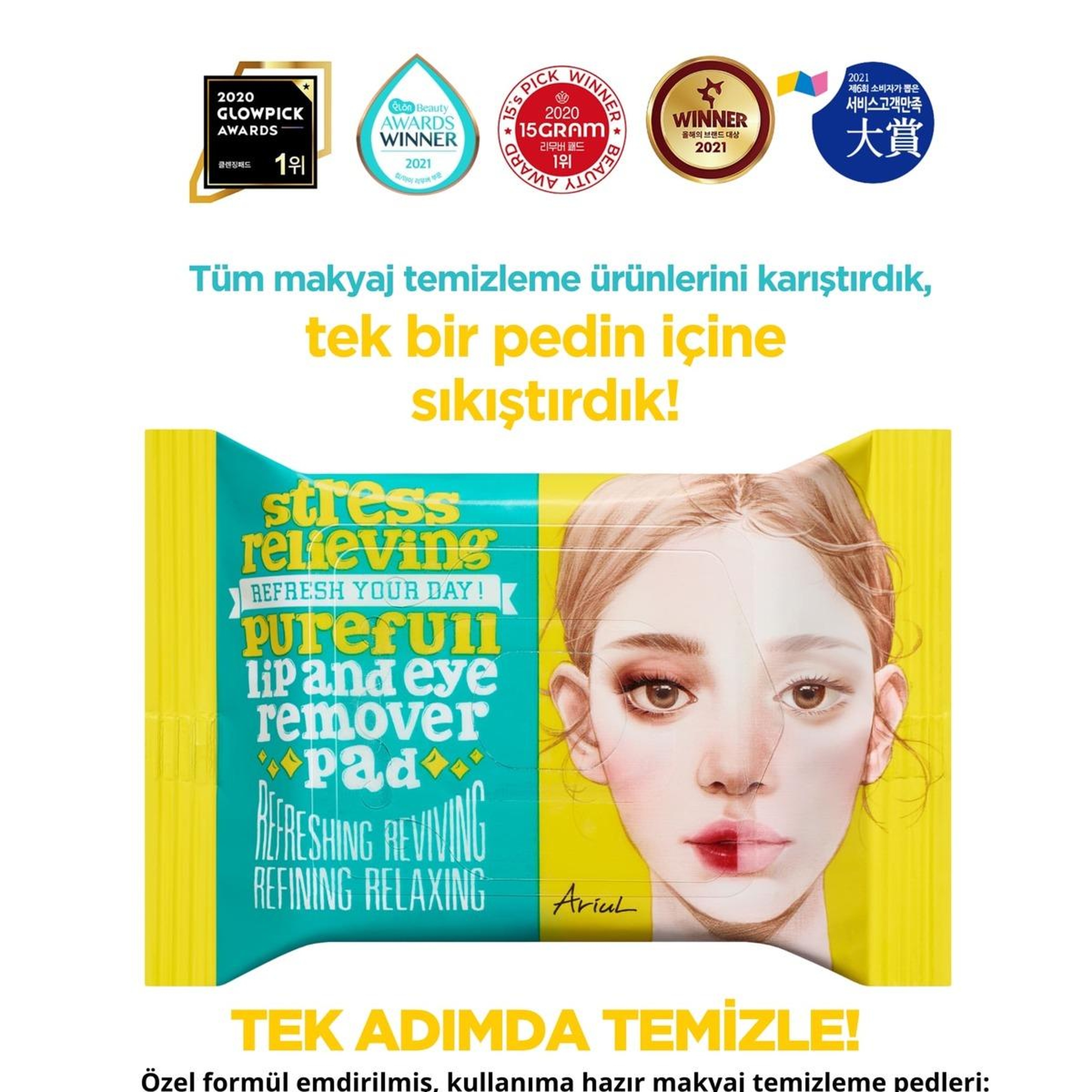 Ariul Stress Relieving Purefull Lip and Eye Remover Pad 30 Pads - Cildi Kurutmayan Dudak ve Göz Makyaj Arındırıcı Pamuk Ped