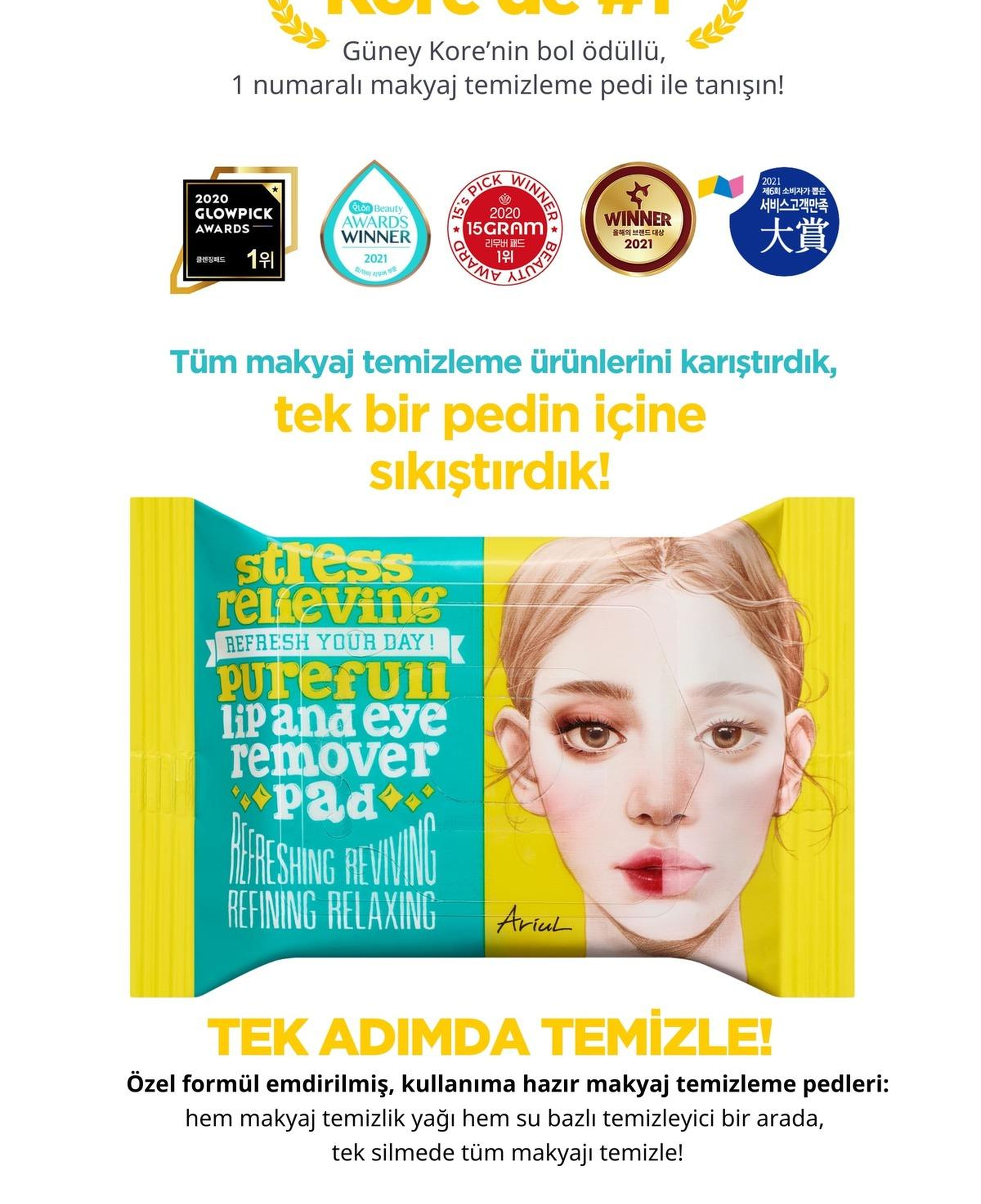 Ariul Stress Relieving Purefull Lip and Eye Remover Pad 30 Pads - Cildi Kurutmayan Dudak ve Göz Makyaj Arındırıcı Pamuk Ped