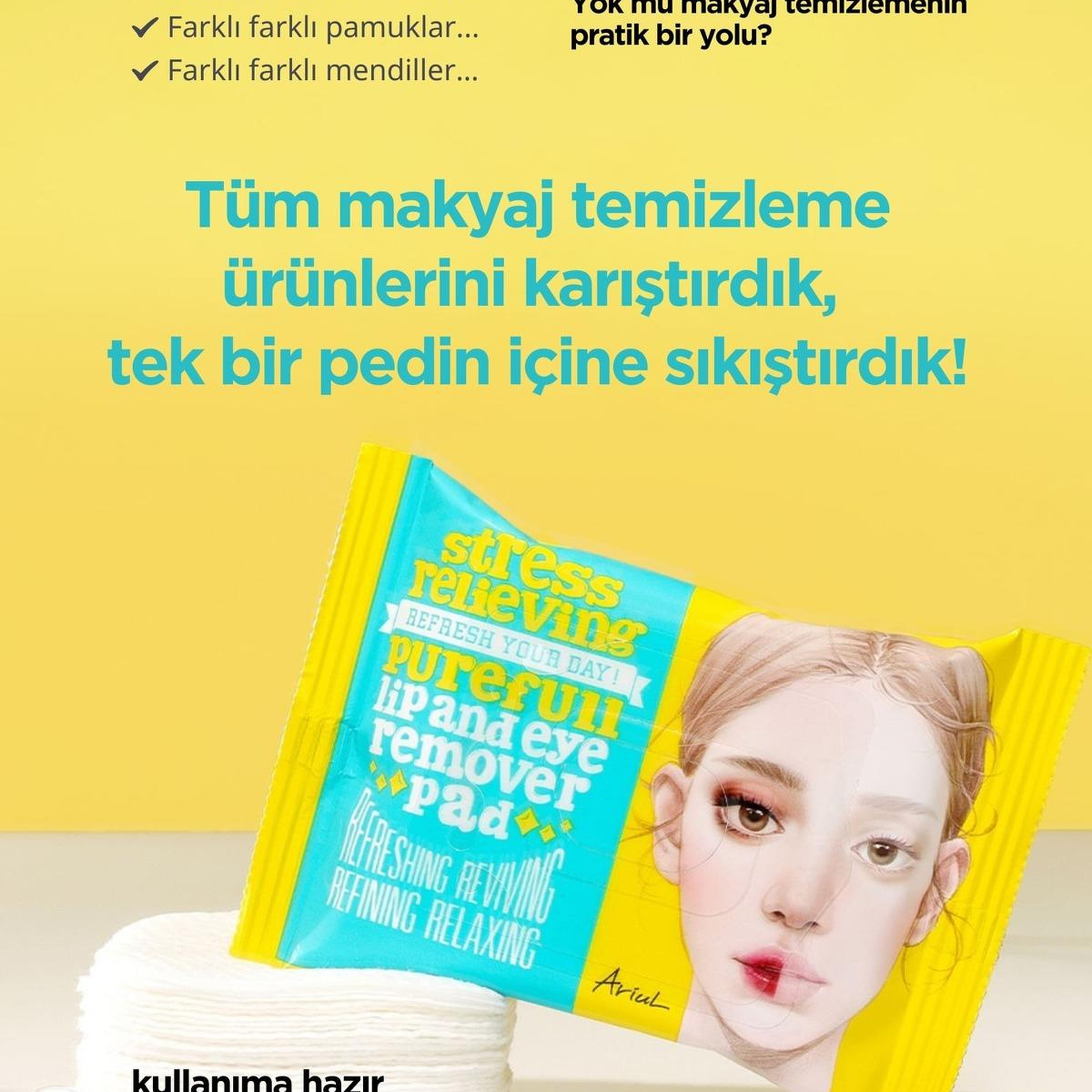 Ariul Stress Relieving Purefull Lip and Eye Remover Pad 30 Pads - Cildi Kurutmayan Dudak ve Göz Makyaj Arındırıcı Pamuk Ped