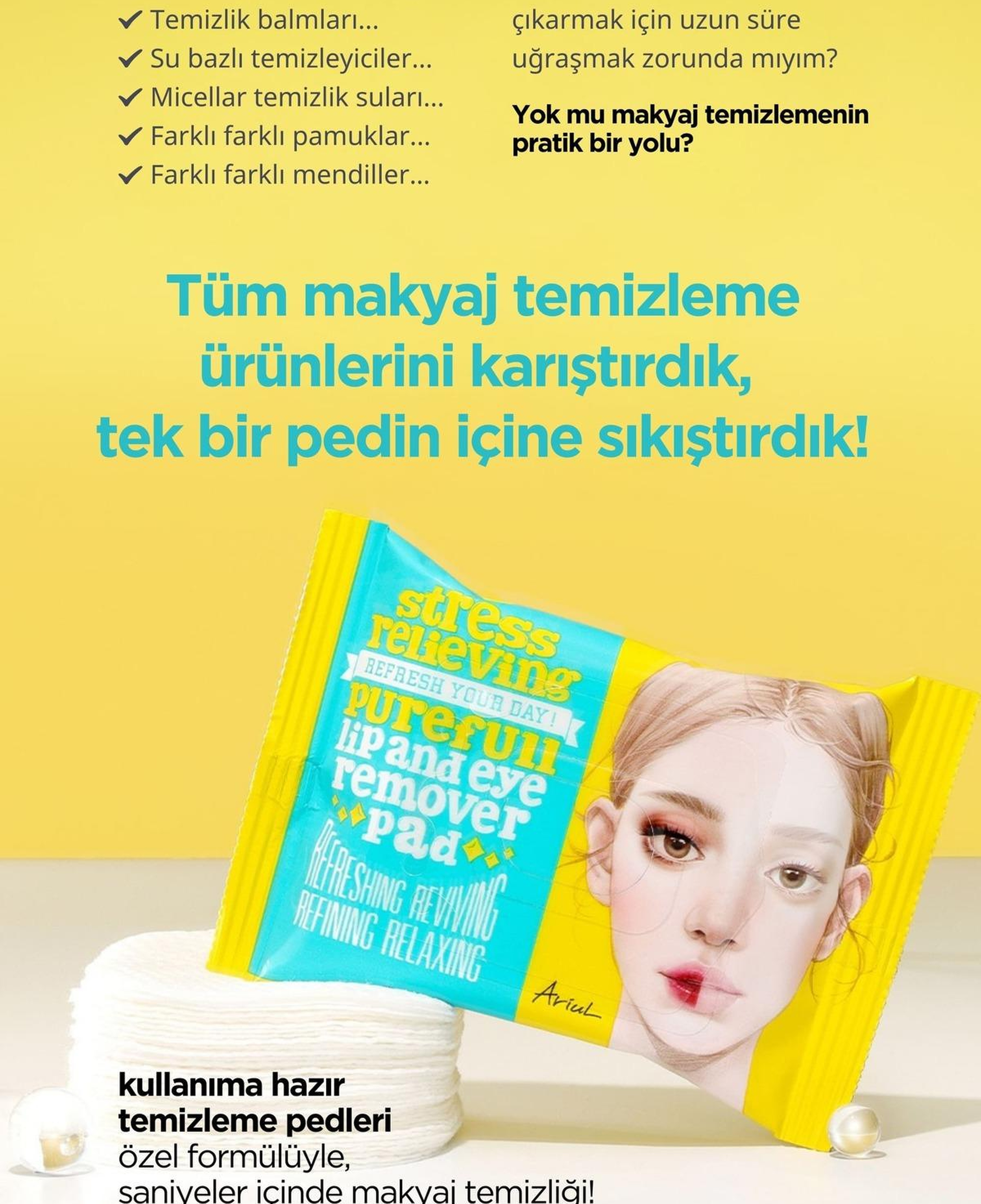 Ariul Stress Relieving Purefull Lip and Eye Remover Pad 30 Pads - Cildi Kurutmayan Dudak ve Göz Makyaj Arındırıcı Pamuk Ped