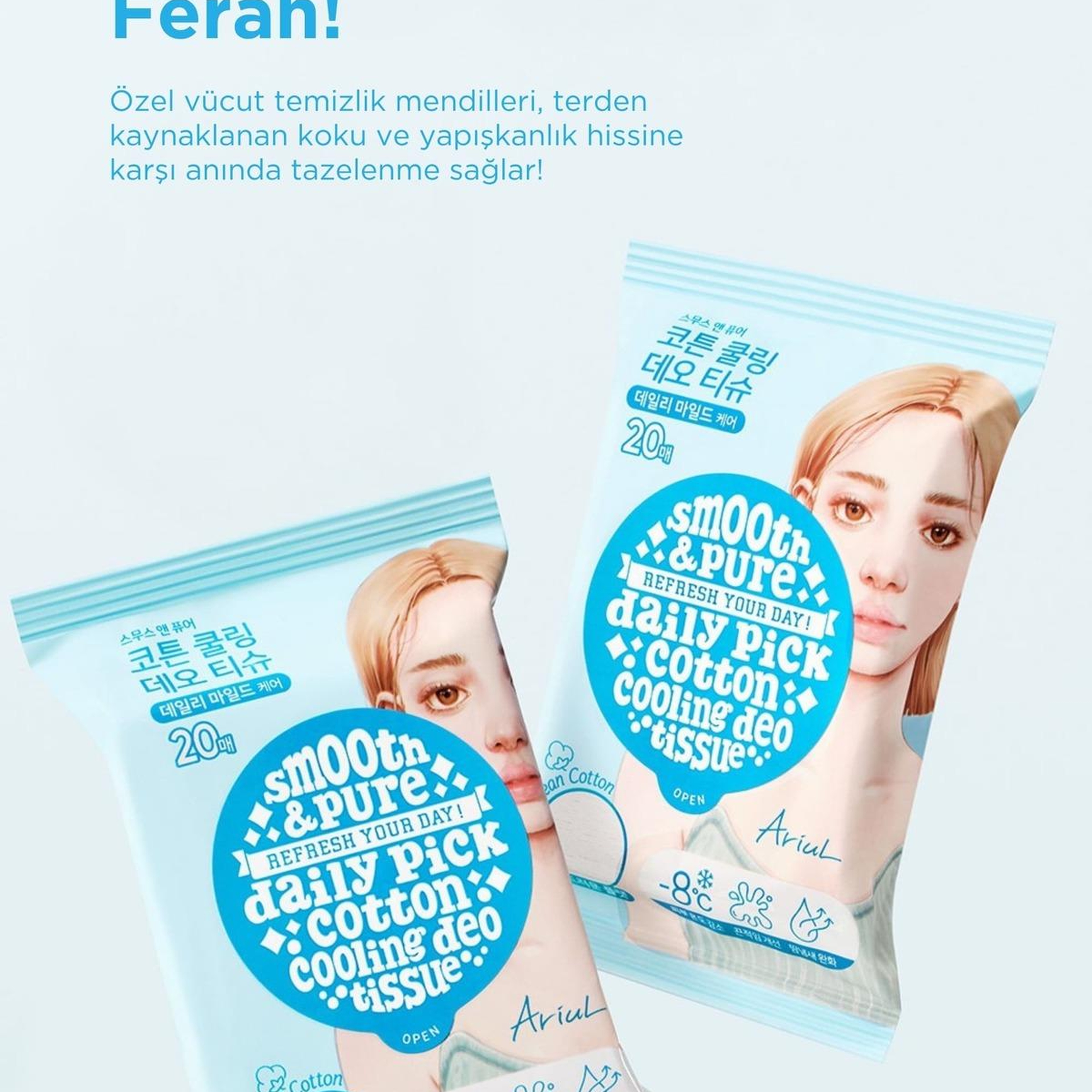 Ariul Smooth & Pure Cotton Cooling Deo Tissue (20 pcs) - Cilt Serinletici, Koku Önleyen & Multi Fonksiyonel Vegan Deodorant Mendil