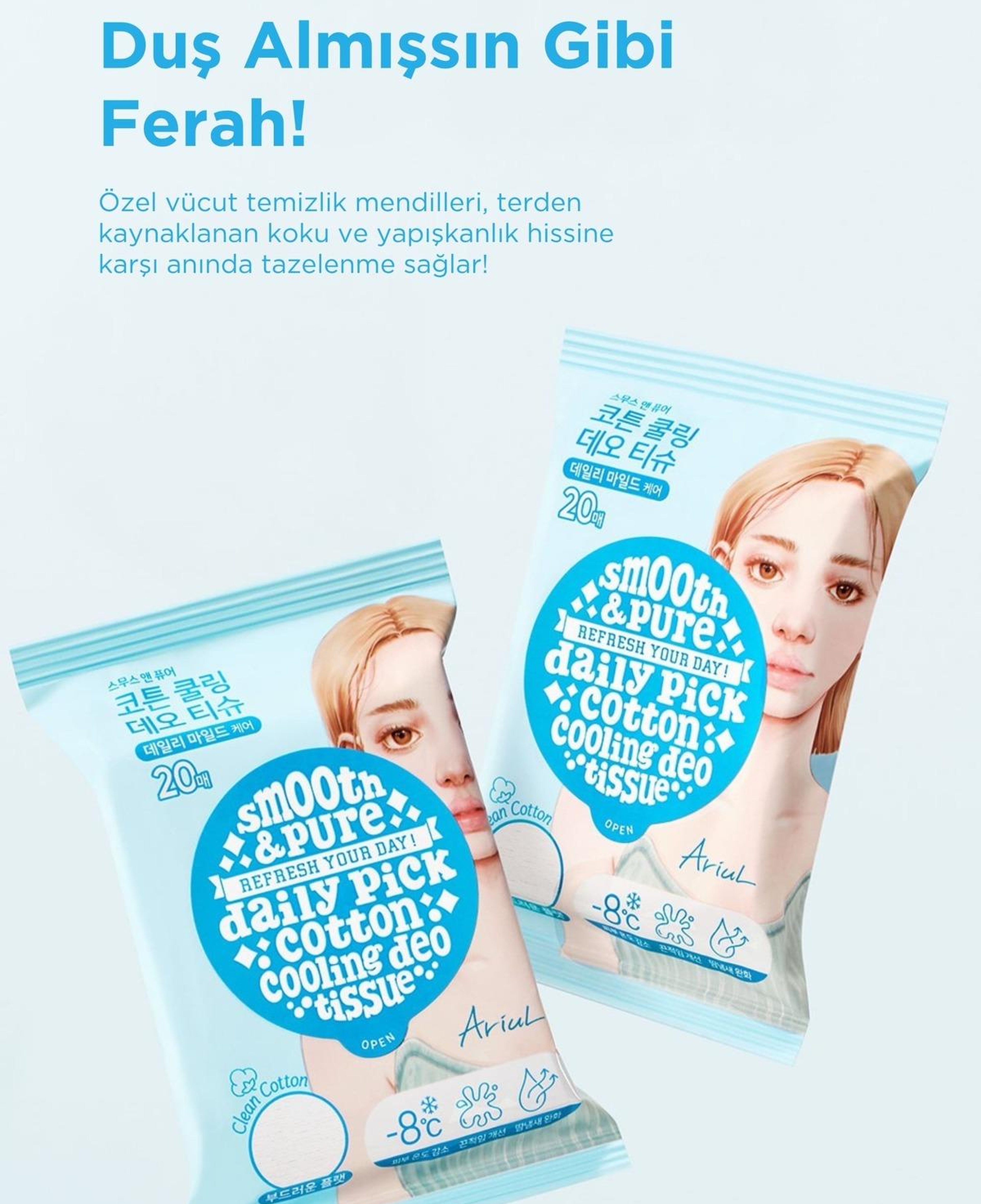 Ariul Smooth & Pure Cotton Cooling Deo Tissue (20 pcs) - Cilt Serinletici, Koku Önleyen & Multi Fonksiyonel Vegan Deodorant Mendil