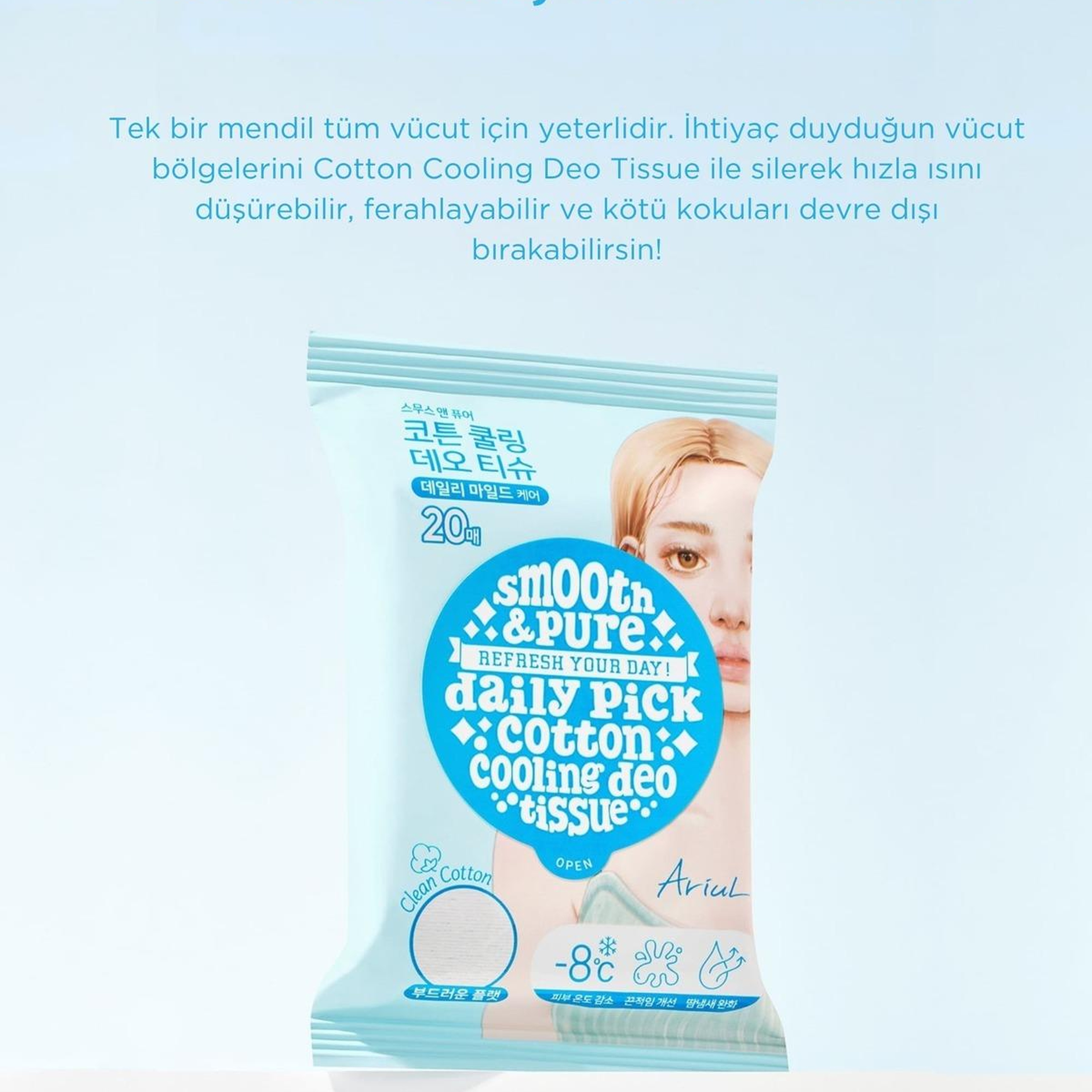 Ariul Smooth & Pure Cotton Cooling Deo Tissue (20 pcs) - Cilt Serinletici, Koku Önleyen & Multi Fonksiyonel Vegan Deodorant Mendil