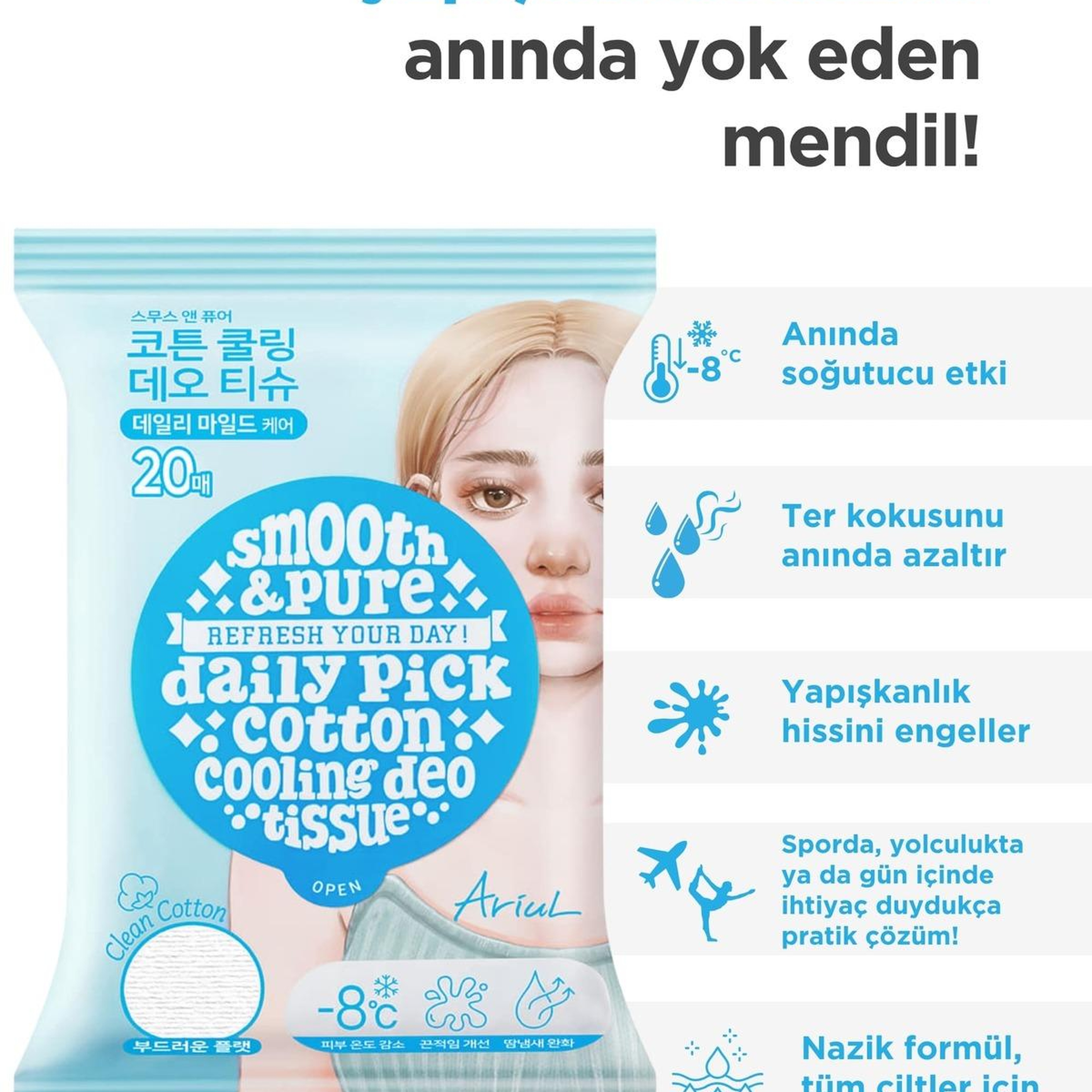 Ariul Smooth & Pure Cotton Cooling Deo Tissue (20 pcs) - Cilt Serinletici, Koku Önleyen & Multi Fonksiyonel Vegan Deodorant Mendil