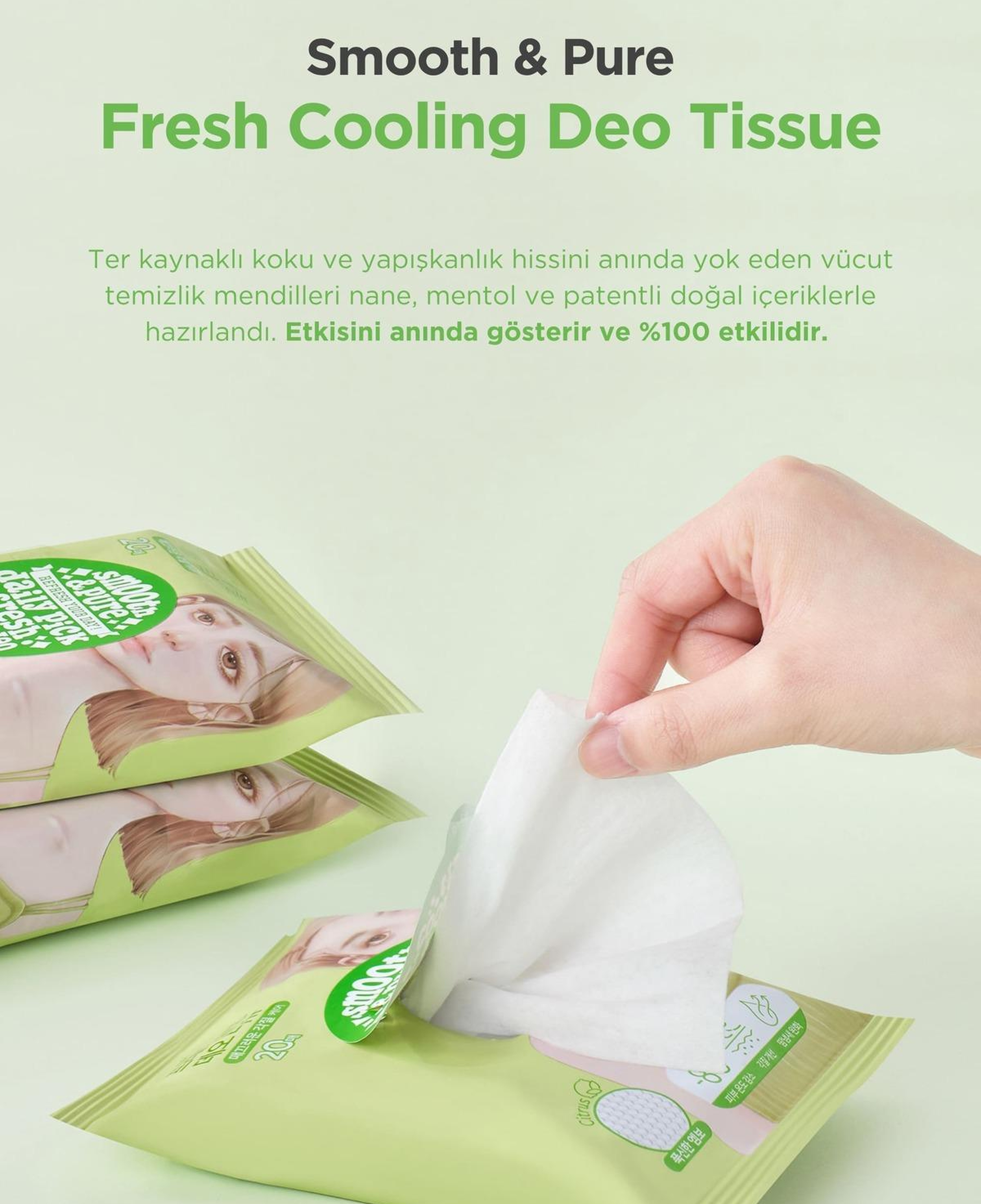 Ariul Smooth & Pure Fresh Cooling Deo Tissue (20 pcs) - Cilt Serinletici, Turunçgil Kokulu & Multi Fonksiyonel Vegan Deodorant Mendil