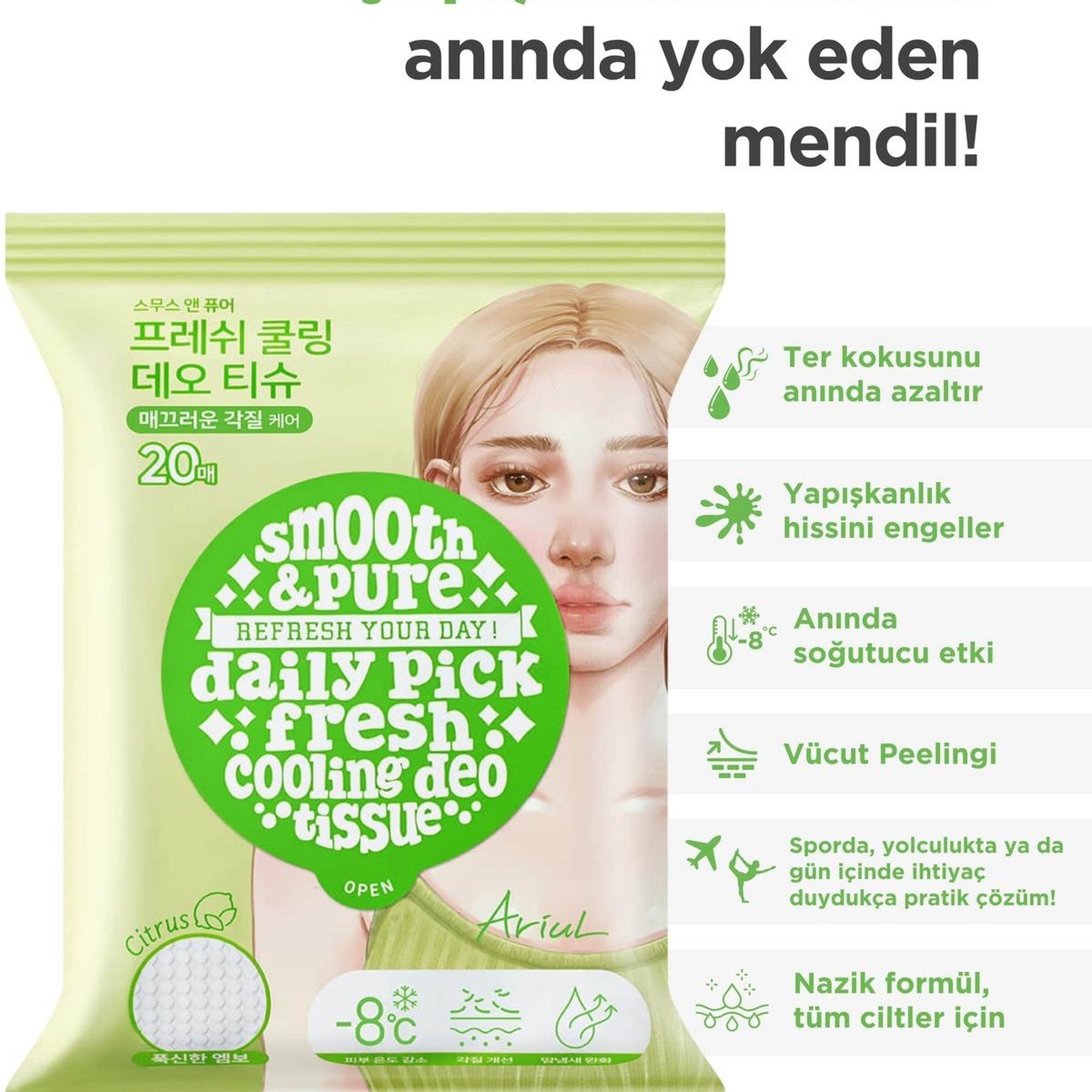Ariul Smooth & Pure Fresh Cooling Deo Tissue (20 pcs) - Cilt Serinletici, Turunçgil Kokulu & Multi Fonksiyonel Vegan Deodorant Mendil
