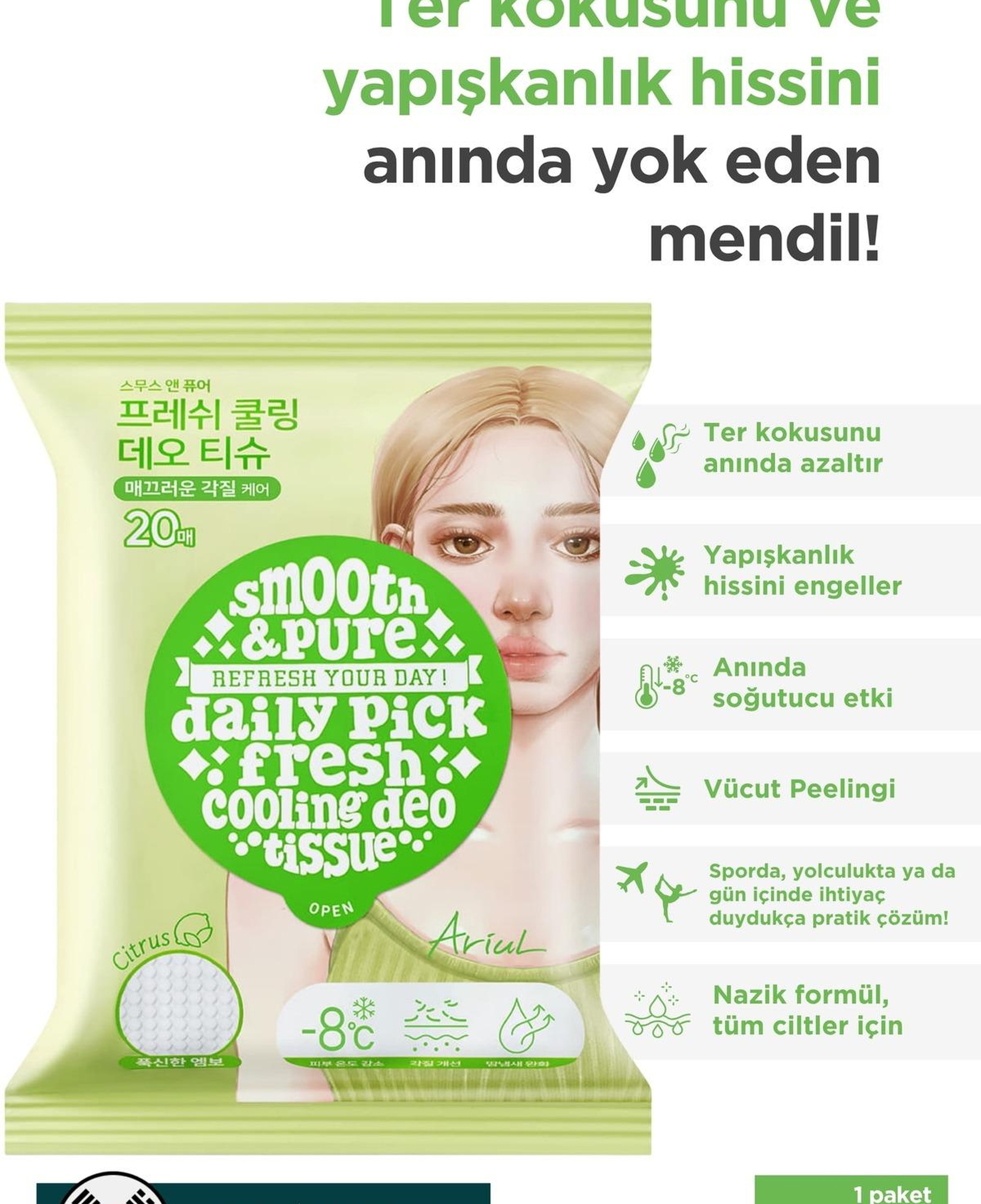 Ariul Smooth & Pure Fresh Cooling Deo Tissue (20 pcs) - Cilt Serinletici, Turunçgil Kokulu & Multi Fonksiyonel Vegan Deodorant Mendil