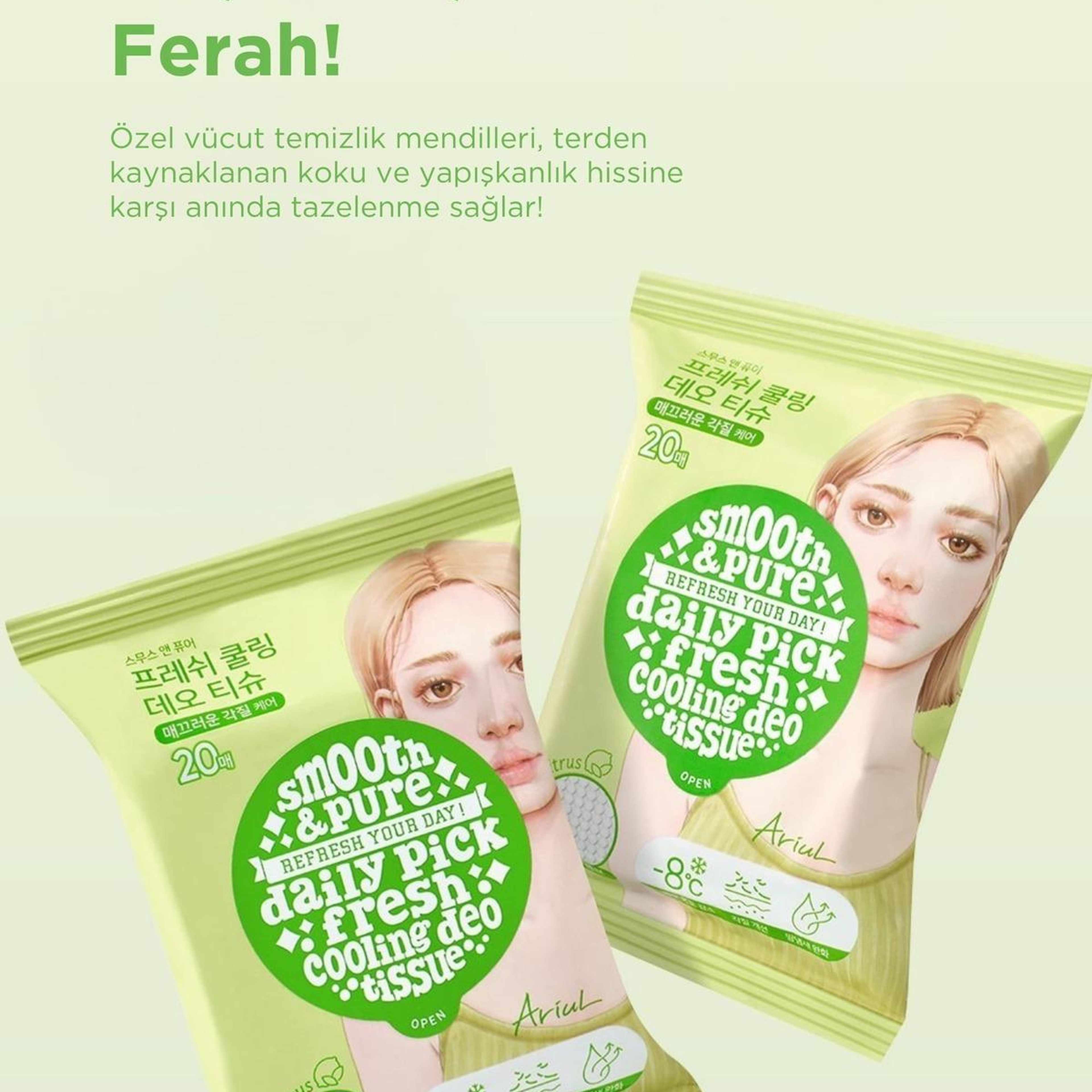 Ariul Smooth & Pure Fresh Cooling Deo Tissue (20 pcs) - Cilt Serinletici, Turunçgil Kokulu & Multi Fonksiyonel Vegan Deodorant Mendil