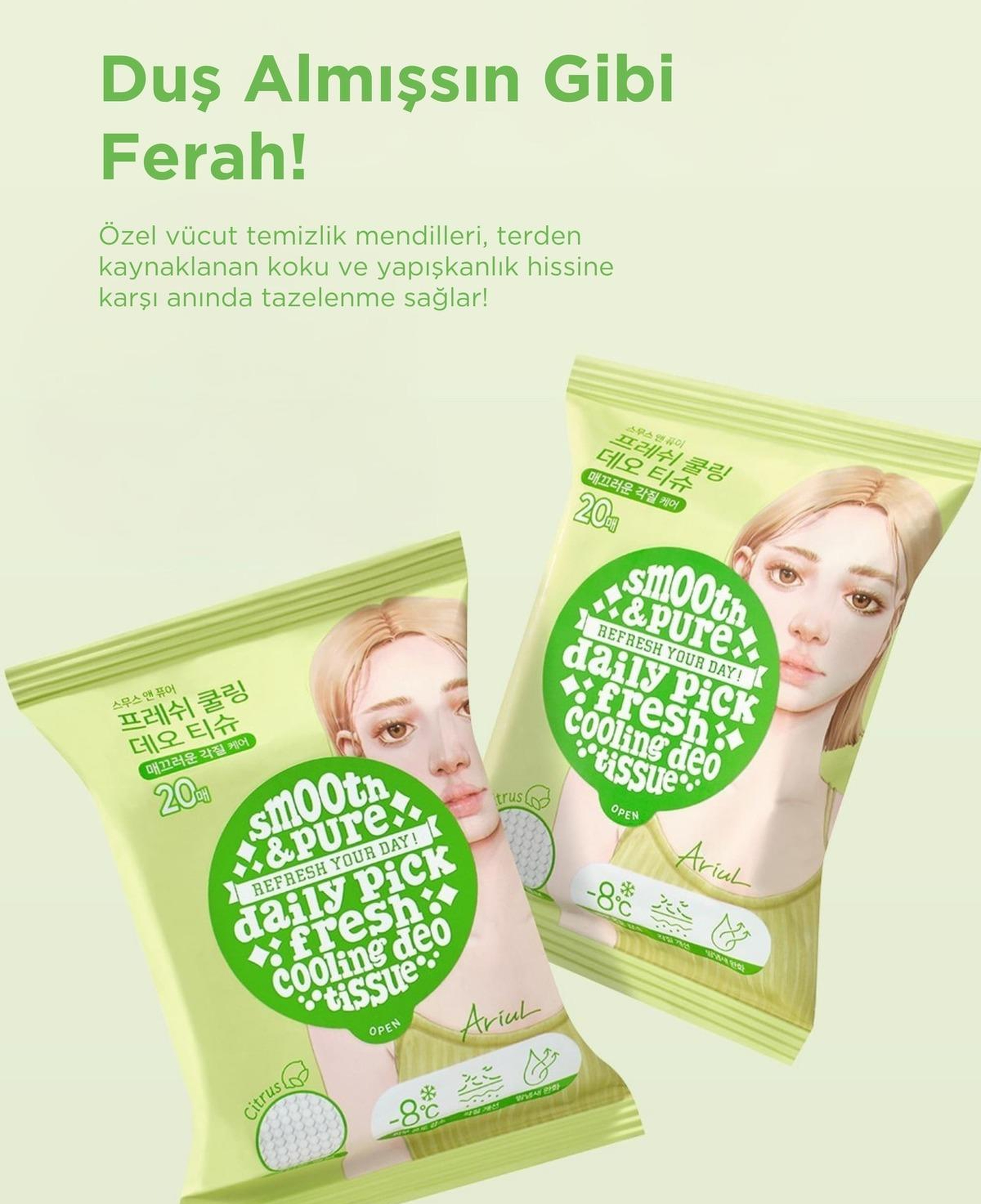 Ariul Smooth & Pure Fresh Cooling Deo Tissue (20 pcs) - Cilt Serinletici, Turunçgil Kokulu & Multi Fonksiyonel Vegan Deodorant Mendil