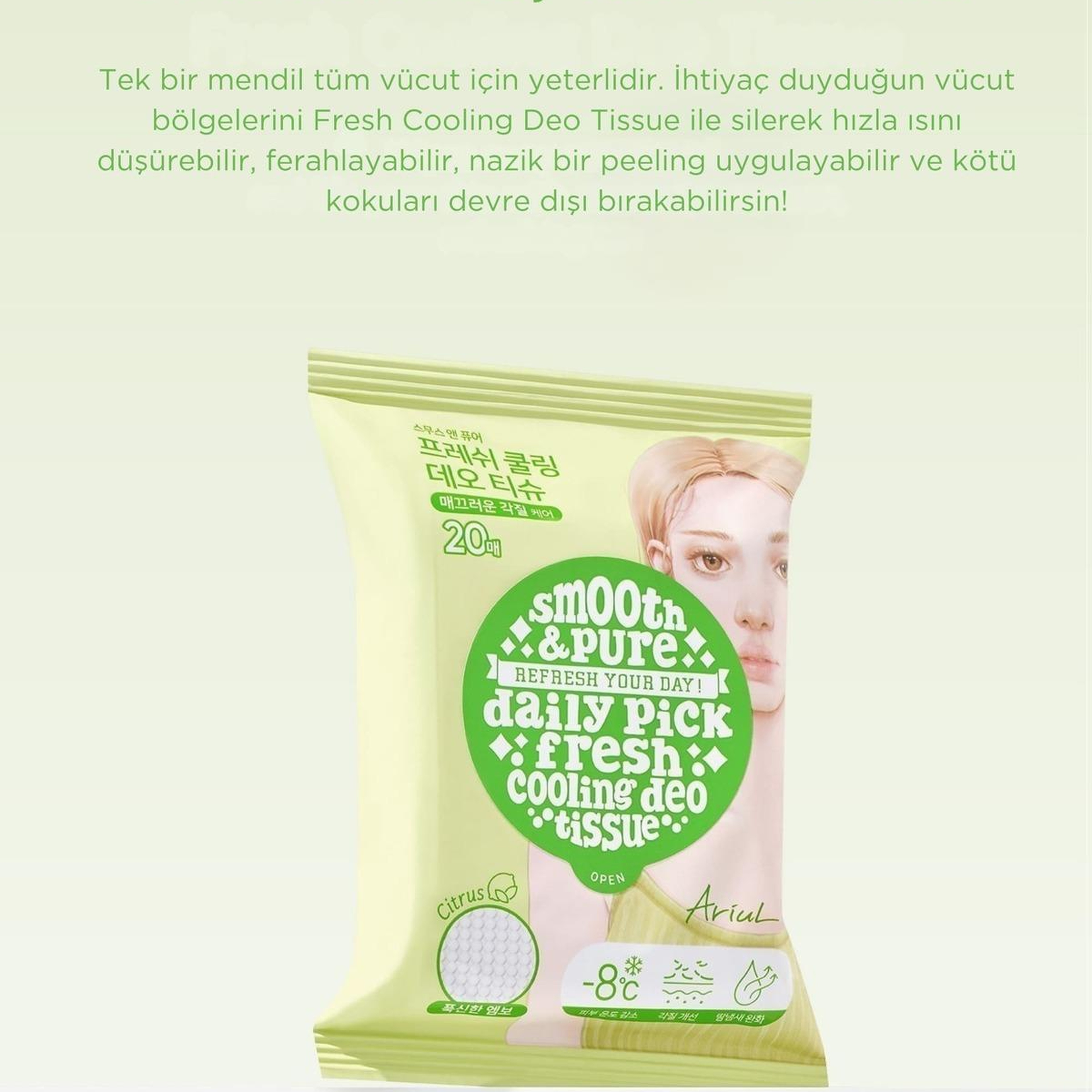 Ariul Smooth & Pure Fresh Cooling Deo Tissue (20 pcs) - Cilt Serinletici, Turunçgil Kokulu & Multi Fonksiyonel Vegan Deodorant Mendil