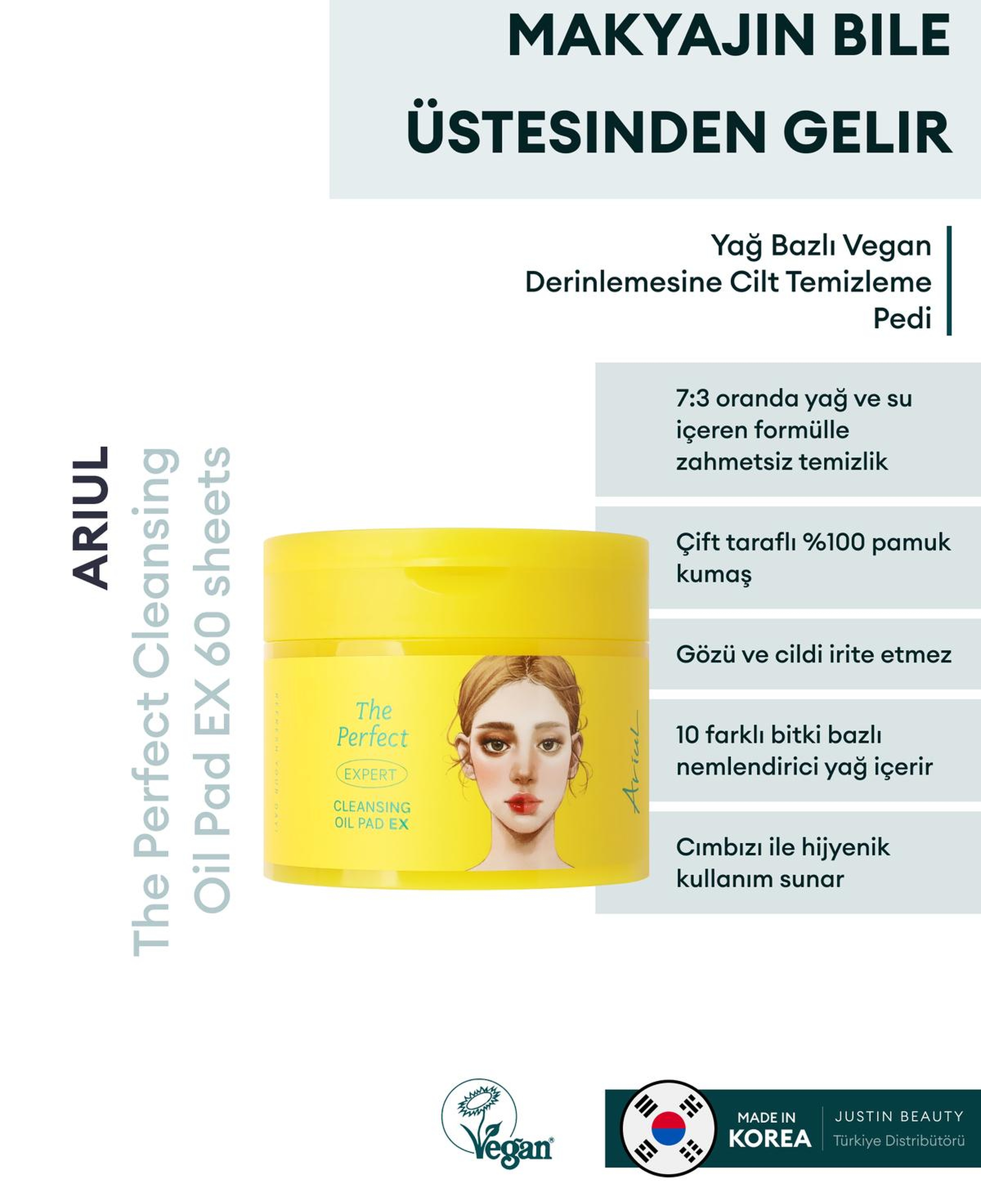 Ariul The Perfect Cleansing Oil Pad EX 60 sheets - Yağ Bazlı Vegan Derinlemesine Cilt Temizleme Pedi
