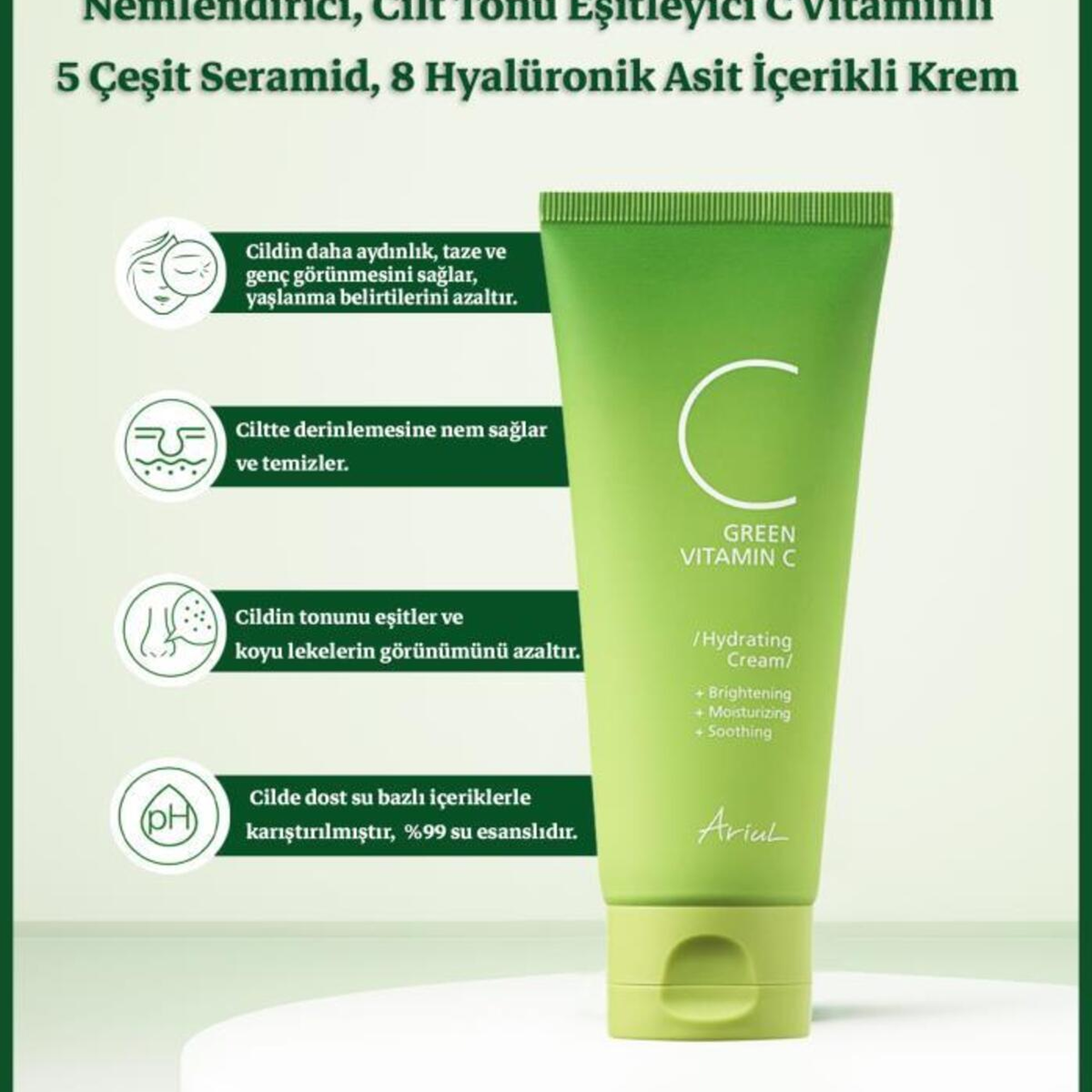 Ariul Green Vitamin C Hydrating Cream 100ml - Hydro Vitamin C ile Aydınlatıcı Vegan Nemlendirici