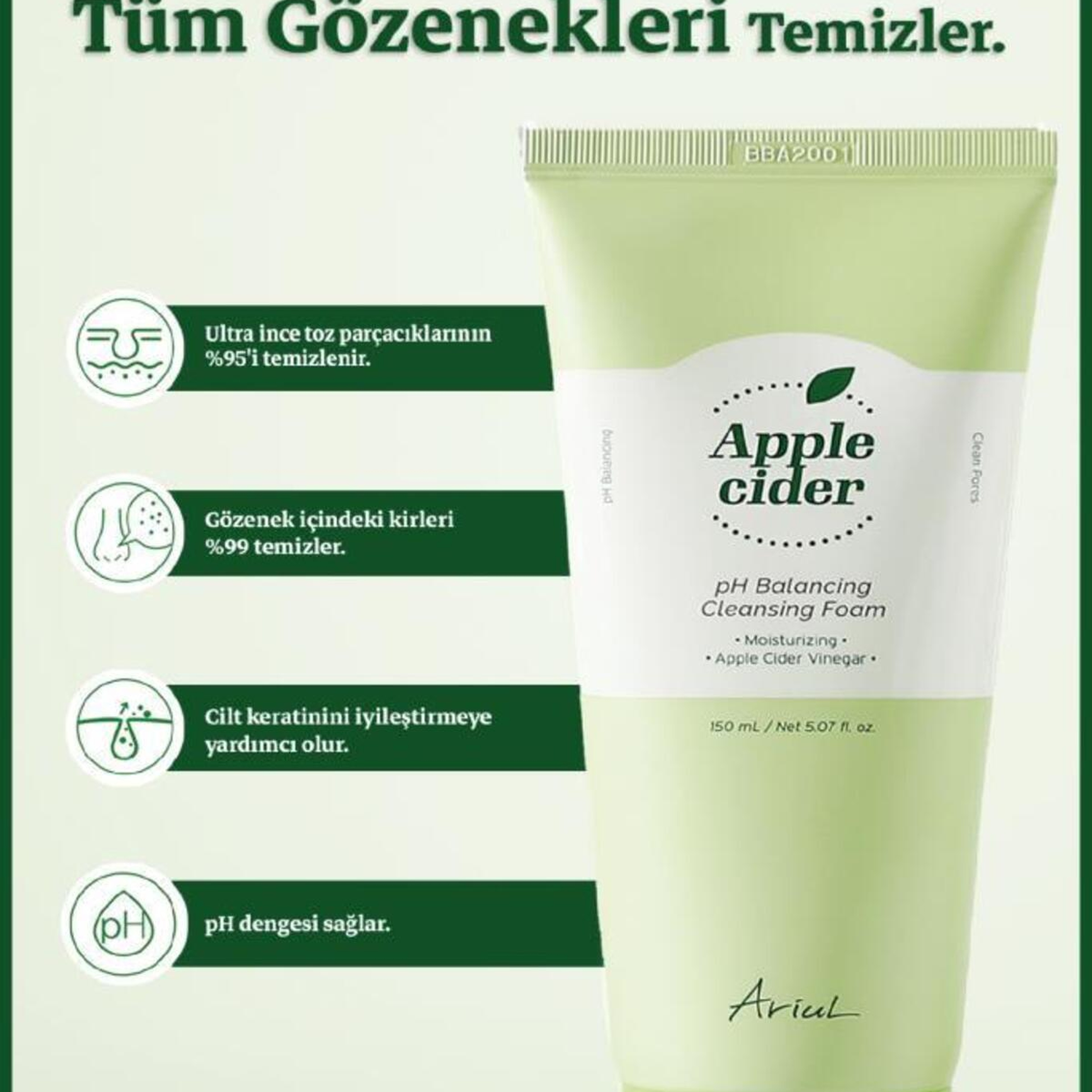 Ariul Apple Cider pH Balancing Cleansing Foam 150 ml - Gözenek Arındırıcı Elma Sirkeli Nazik Köpük Temizleyici