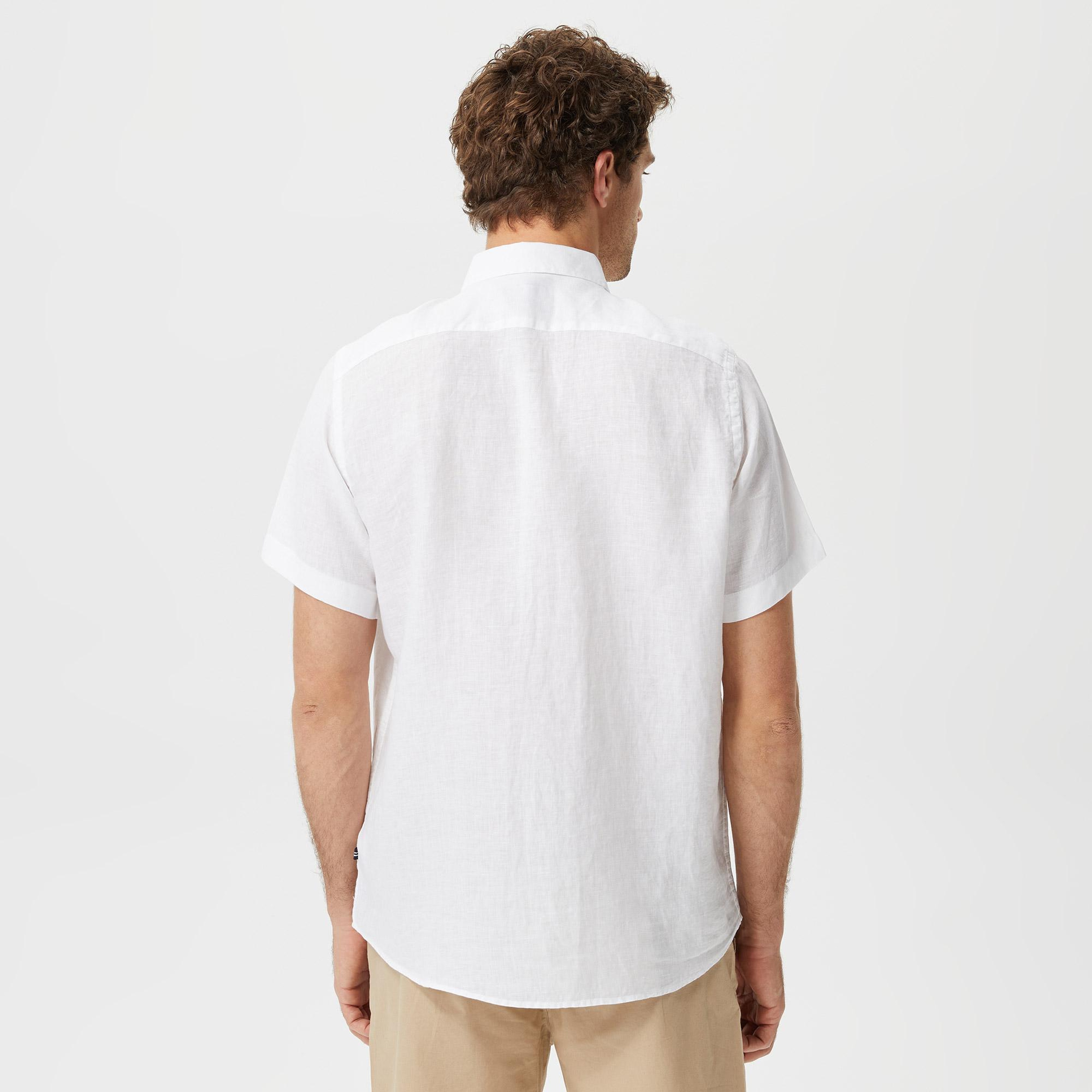 Nautica Erkek Beyaz Classic Fit Kısa Kollu Keten Gömlek
