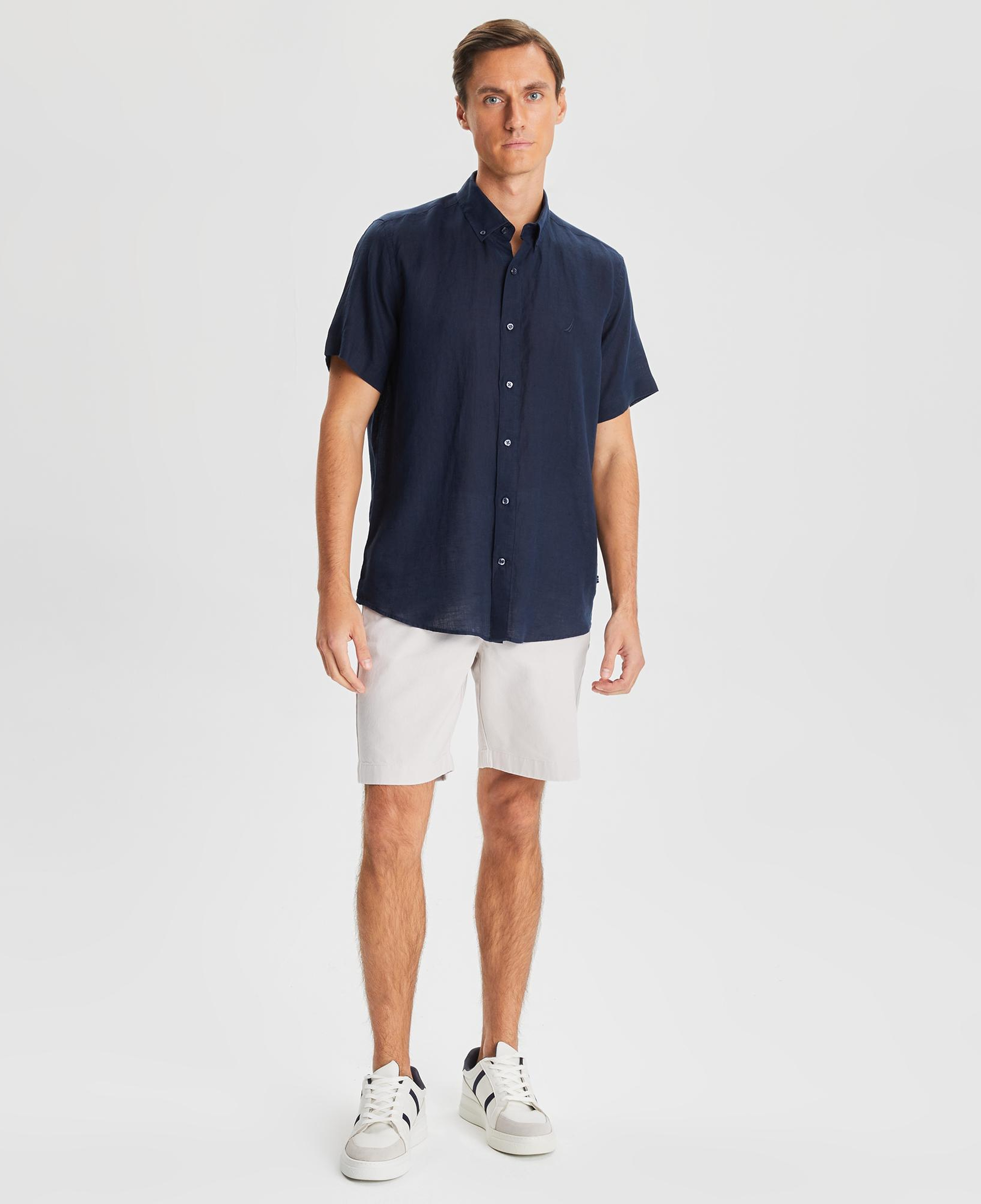 Nautica Erkek Lacivert Classic Fit Kısa Kollu Keten Gömlek