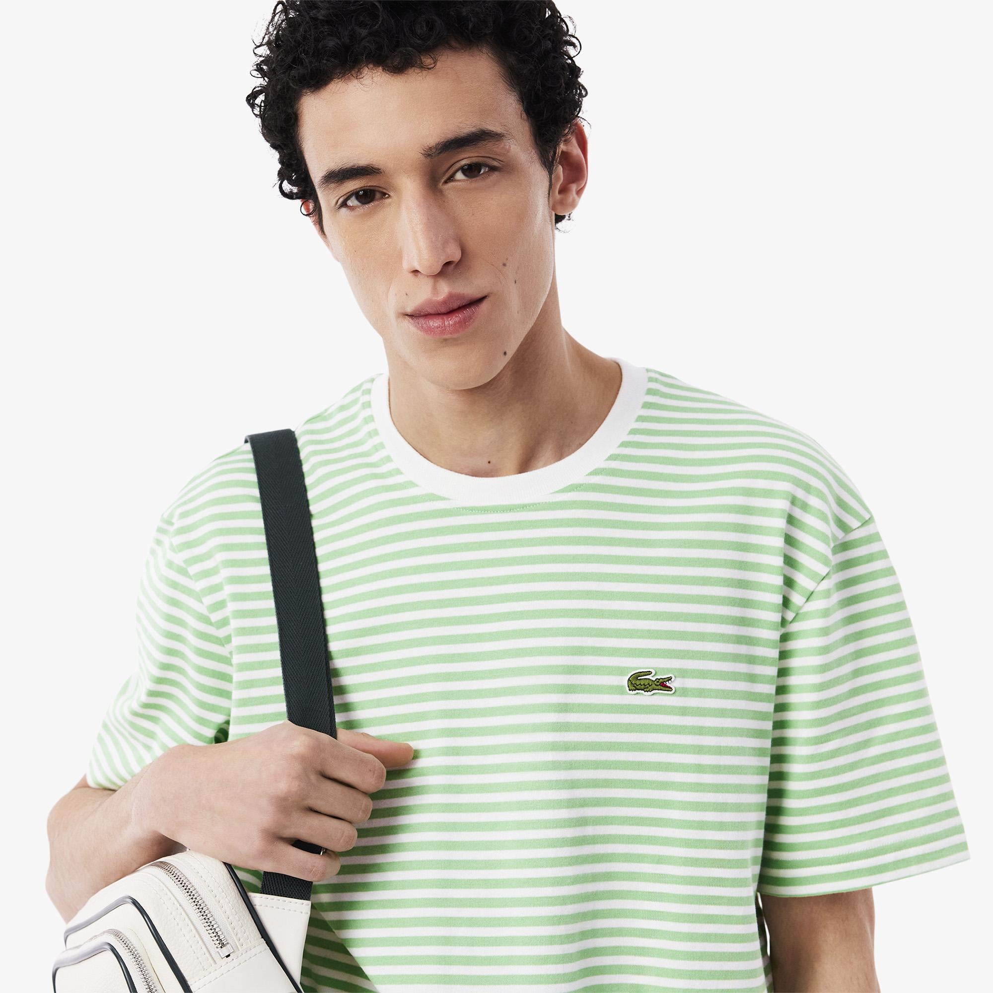 Erkek Classic Fit Bisiklet Yaka Çizgili Açık Yeşil T-Shirt