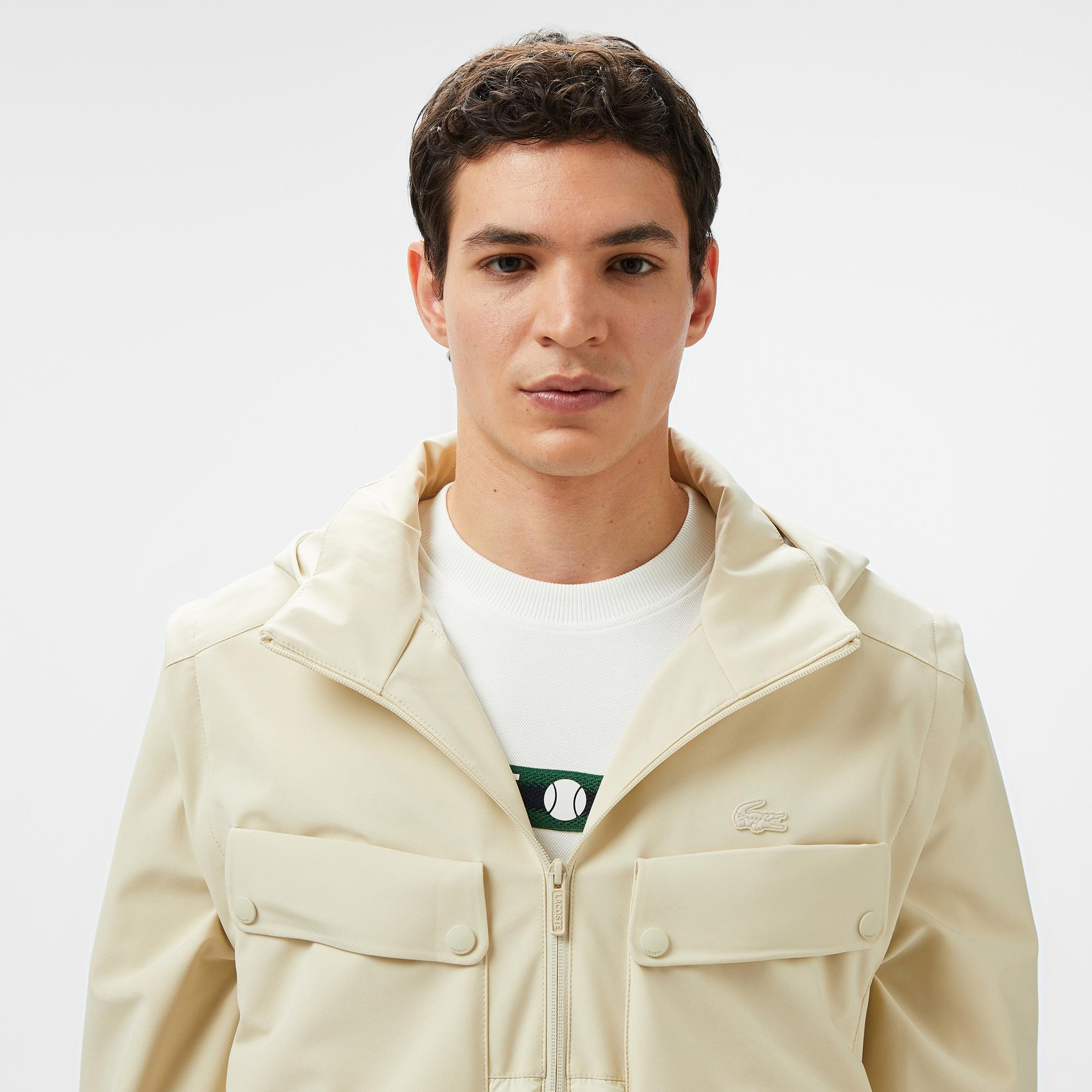 Erkek Regular Fit Kapüşonlu Baskılı Krem Mont